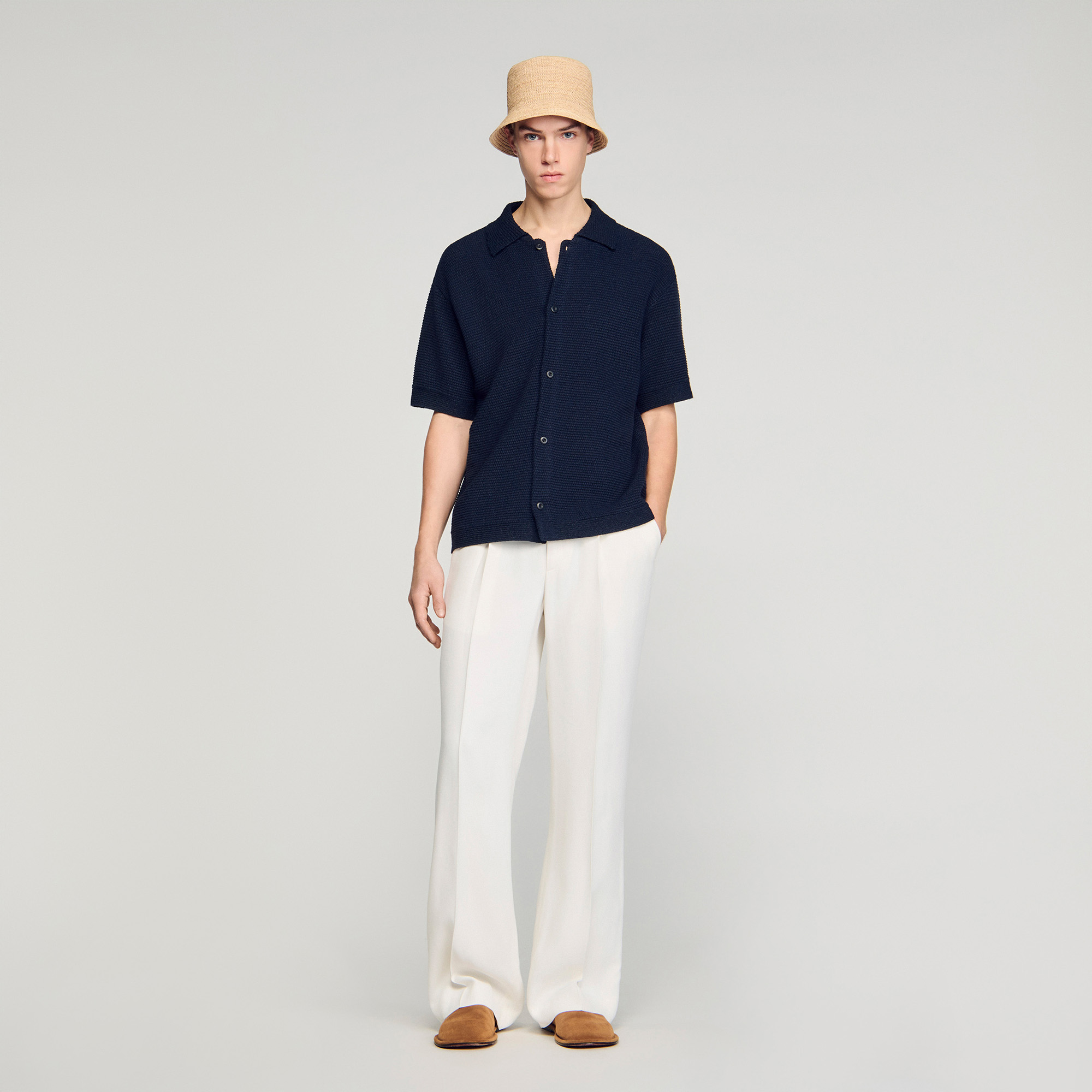 Sandro polyester Jute-effect knit shirt with short sleeves and front button fastening