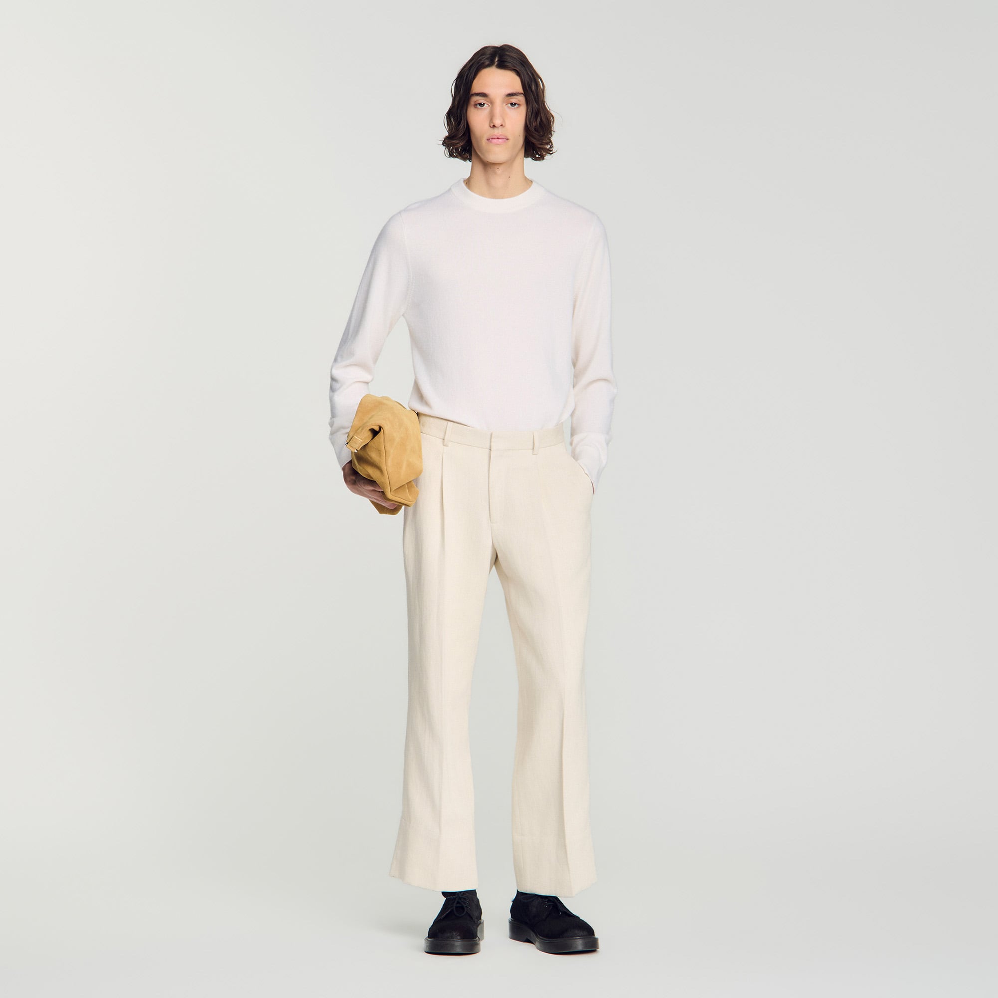 Pleated wide-leg cotton linen trousers