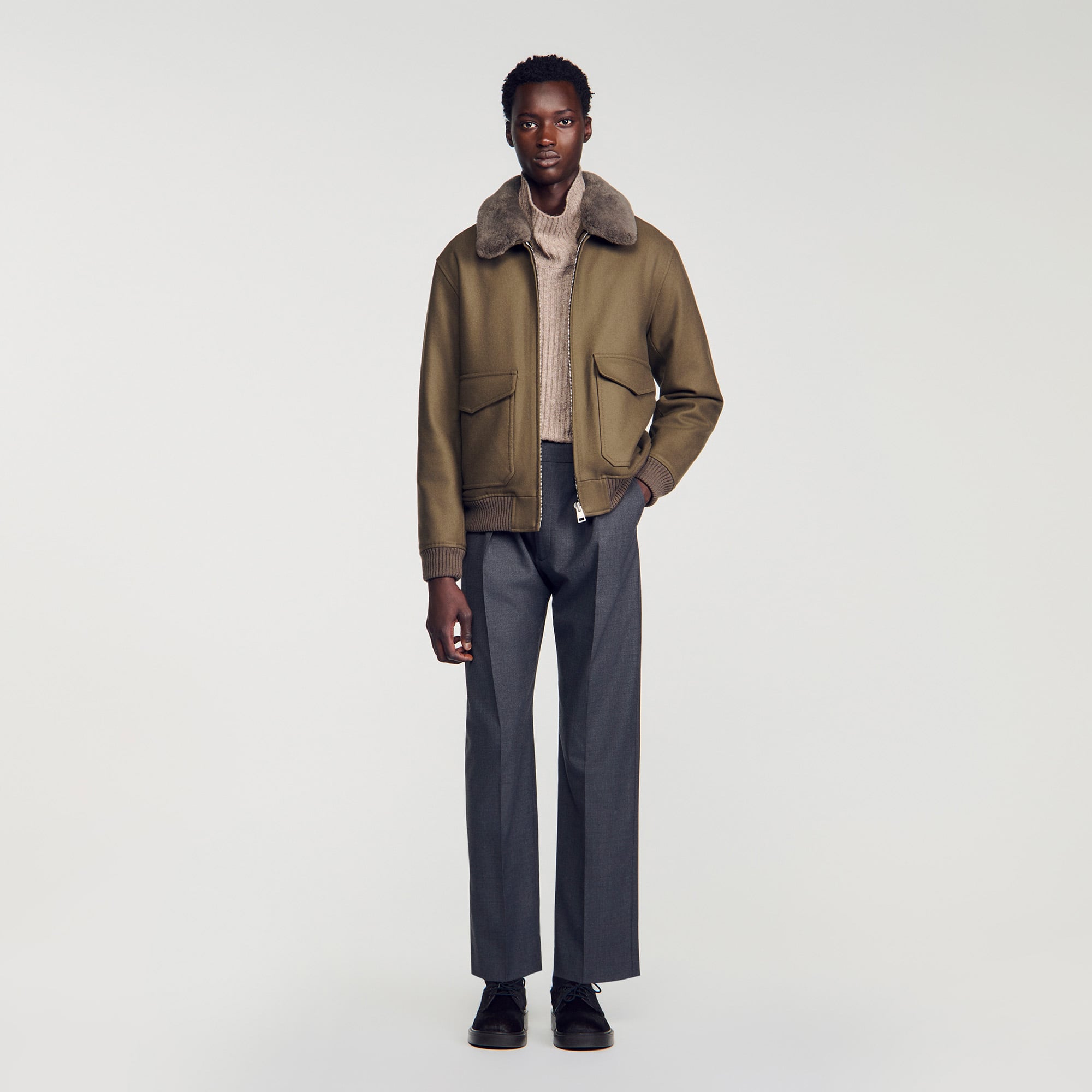 Wool jacket with removable collar
