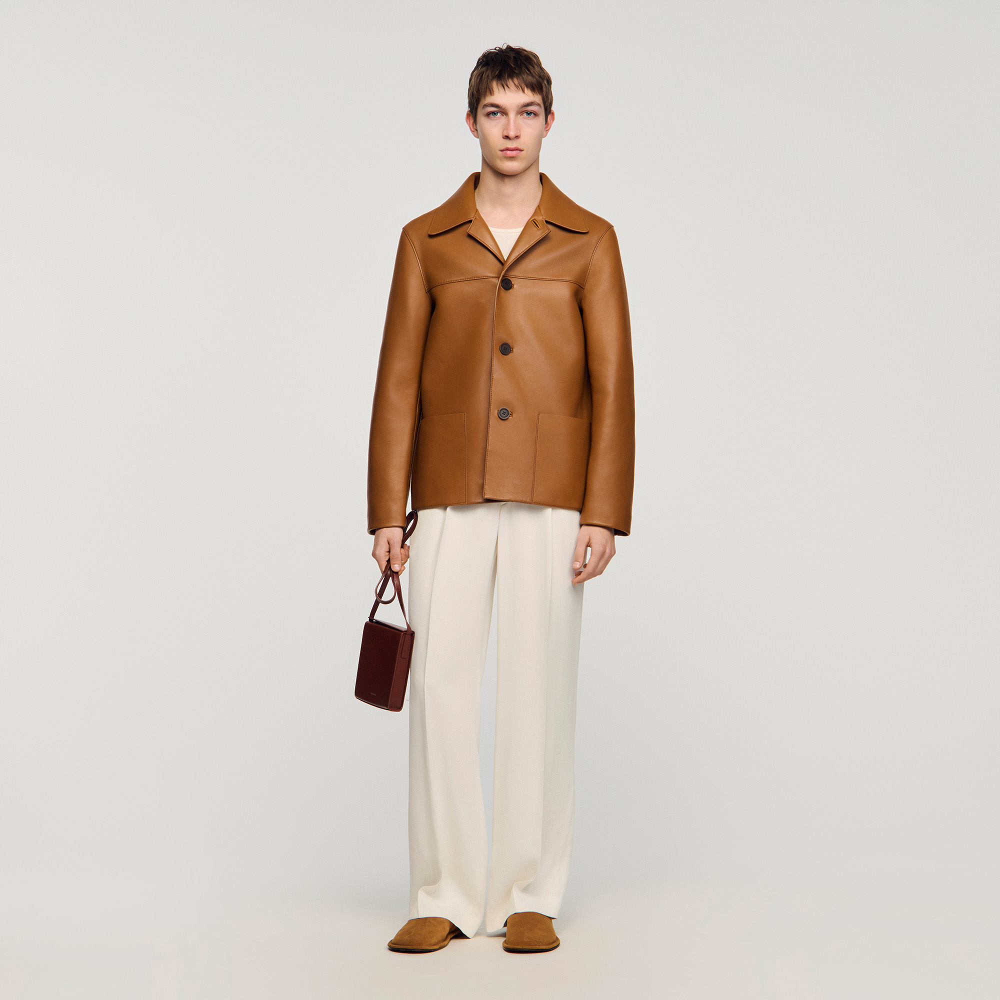 Sandro leather Classic-fit lambskin leather jacket with a button fastening and a shirt collar