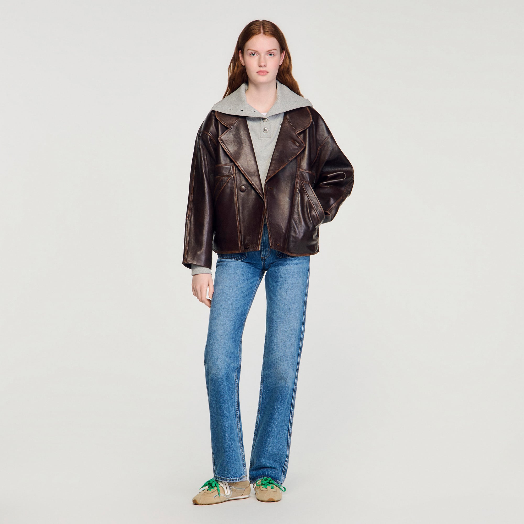 Oversized leather jacket in Brown for Women | Sandro Paris
