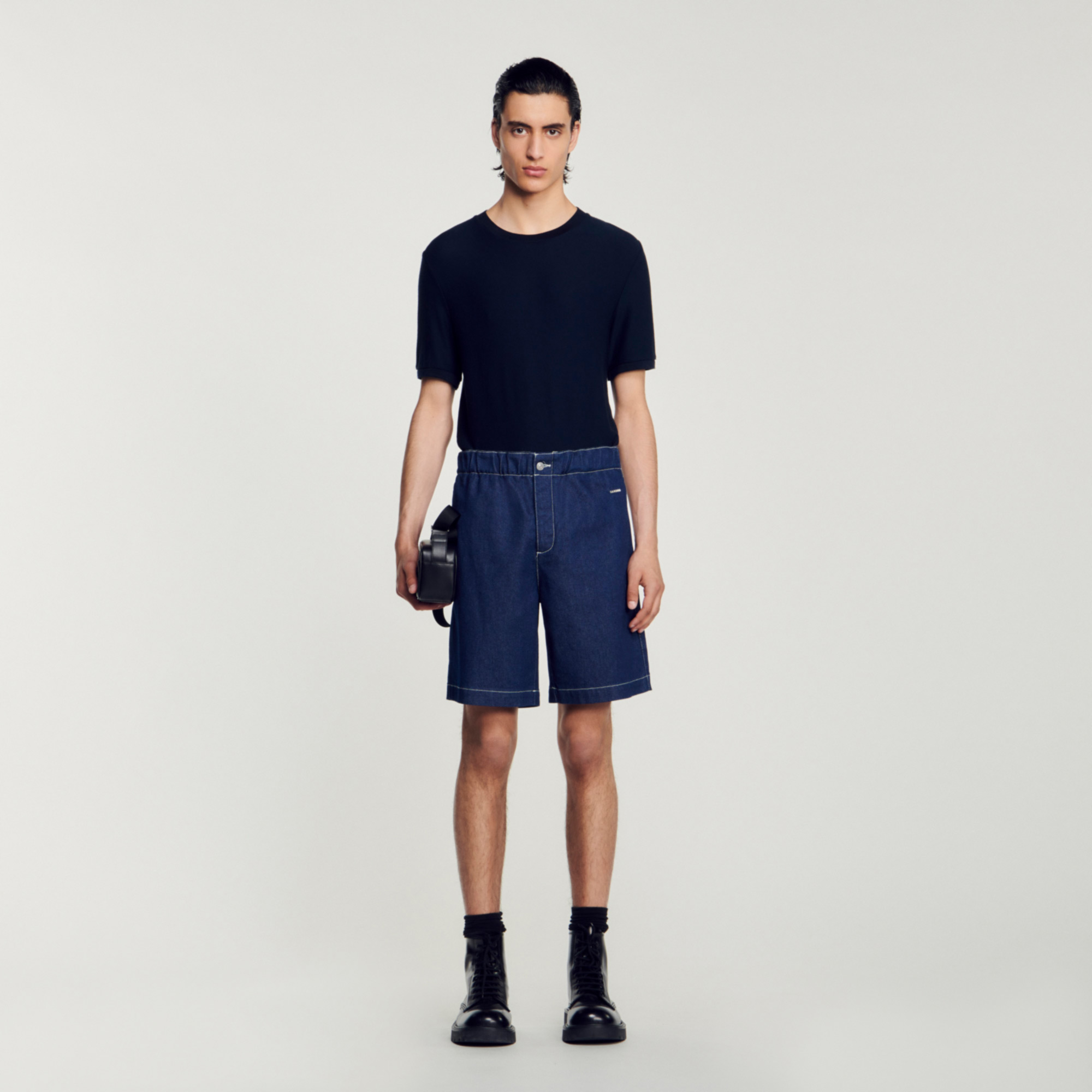 Sandro cotton Untreated denim shorts with an elasticated waist and contrasting topstitching
