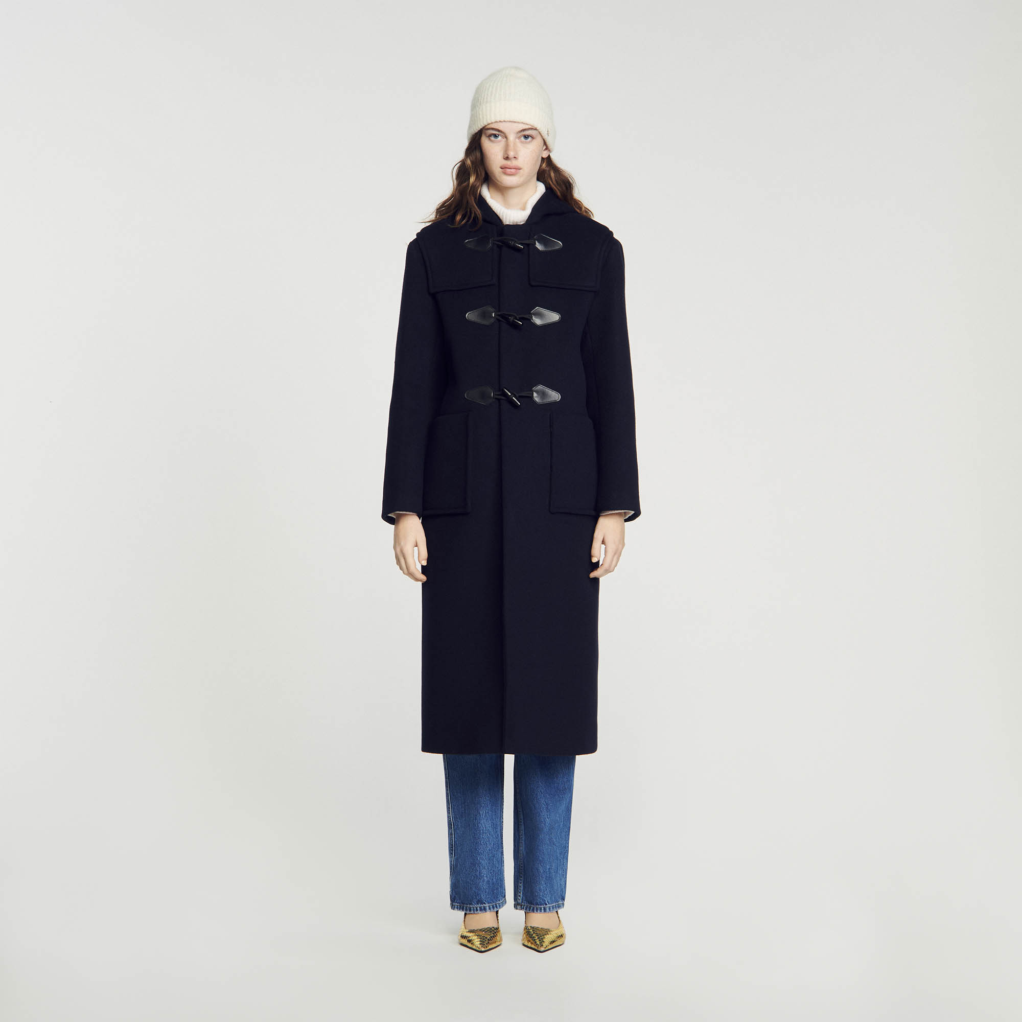 Sandro wool Long-sleeved wool-blend duffle coat with hood, toggle fastening, embellished with shoulder panels and large patch pockets