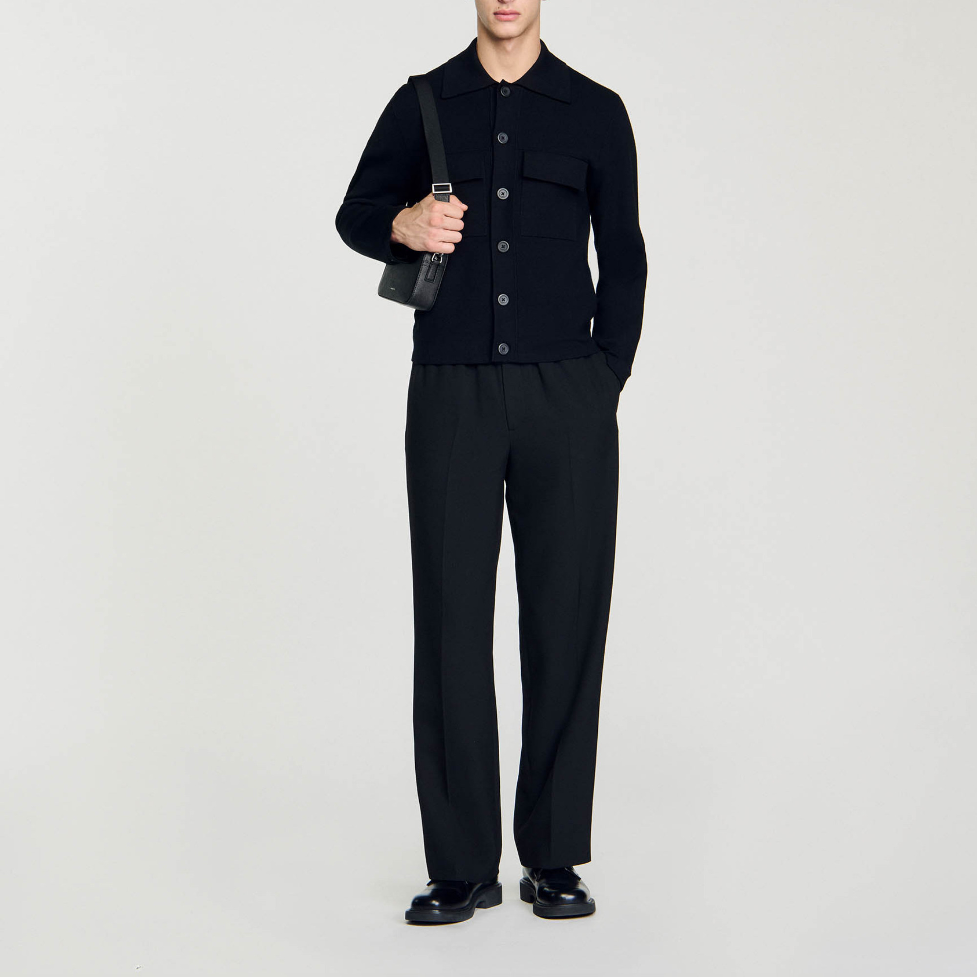 Sandro viscose Milano knit jacket with classic collar, long sleeves, button fastening, patch pockets on chest and two side pockets