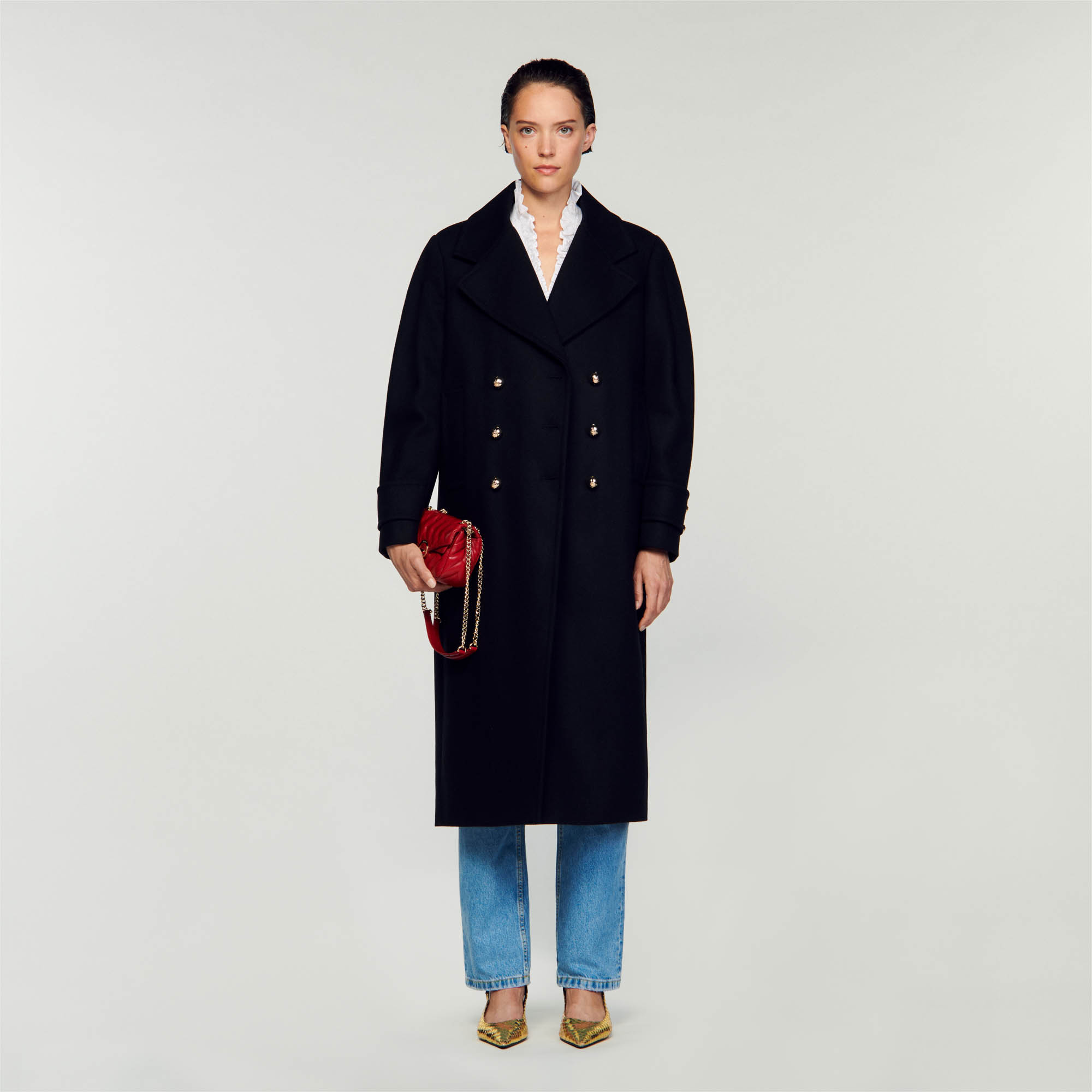 Sandro wool Long double-breasted coat with a large lapel collar, structured shoulders, long sleeves with tab cuffs and a martingale back