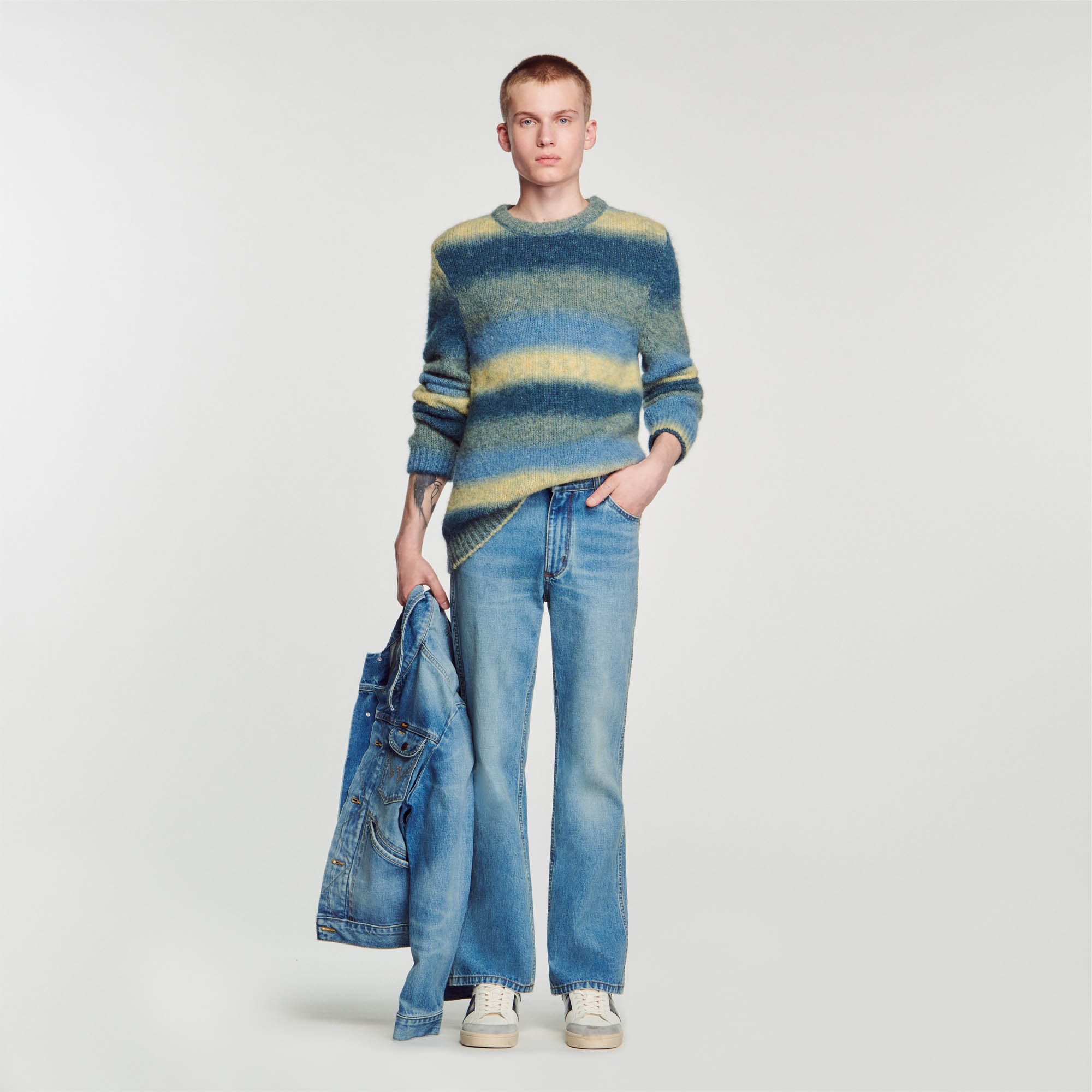 Sandro wool Wool and alpaca blend sweater with round neck, long sleeves and embellished with a stripy pattern