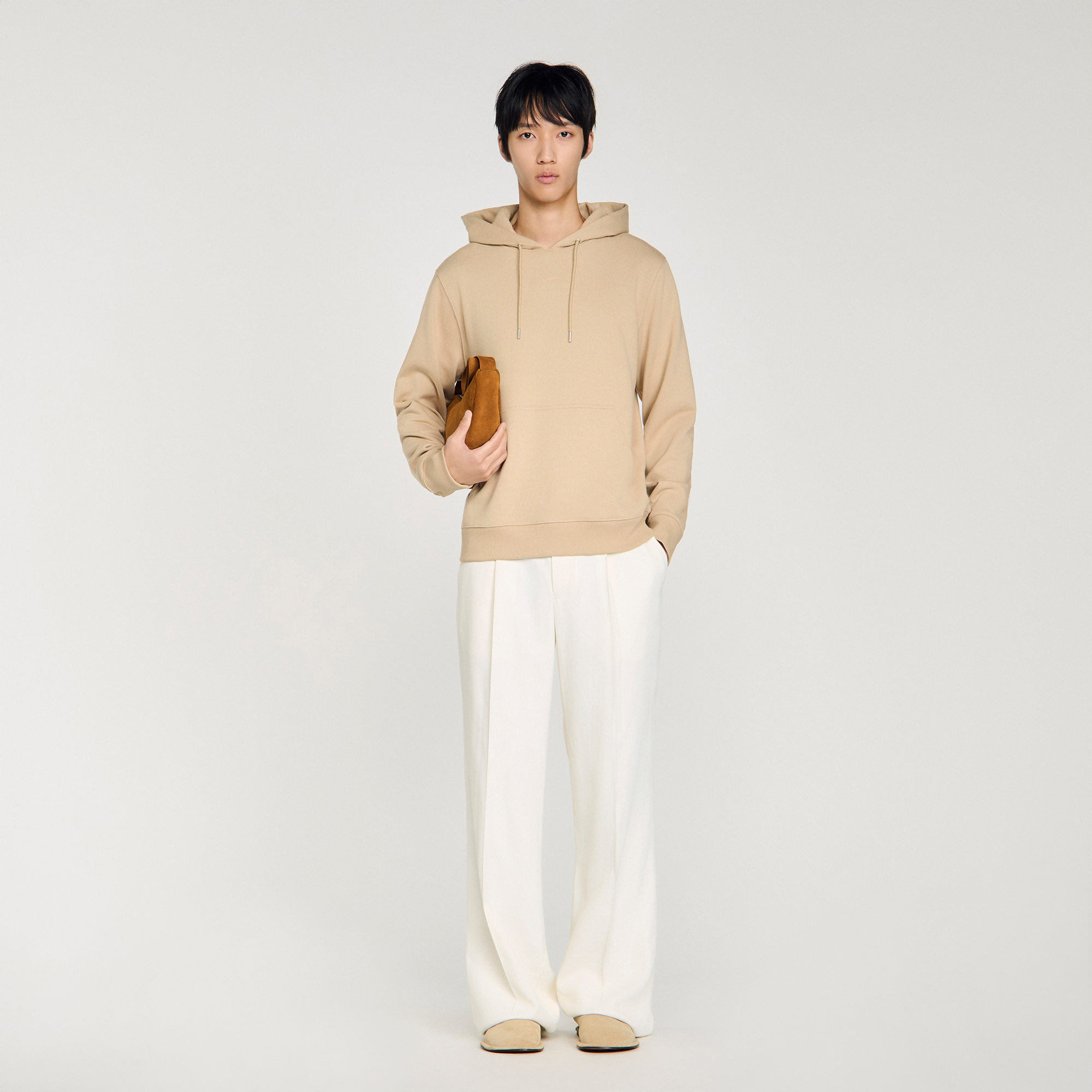 Sandro cotton Classic-fit sweatshirt in unbrushed fleece, embellished with a raised technical Sandro logo on the centre front