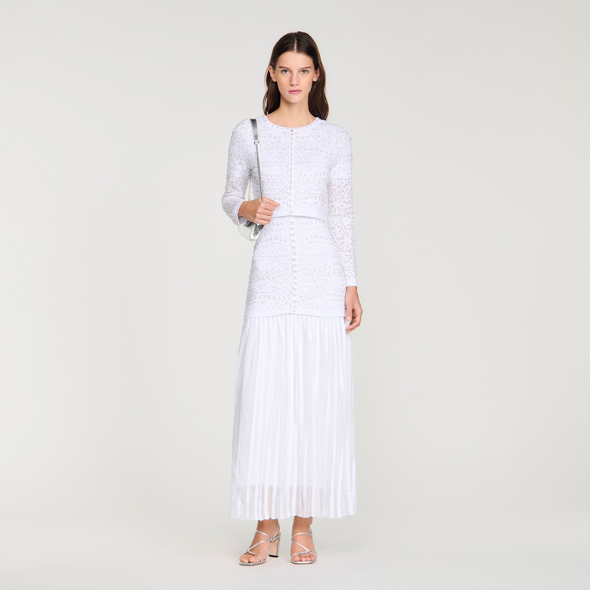 Sandro viscose Cropped textured knit cardigan embroidered with pearls, with a round neck, long sleeves and a front button fastening