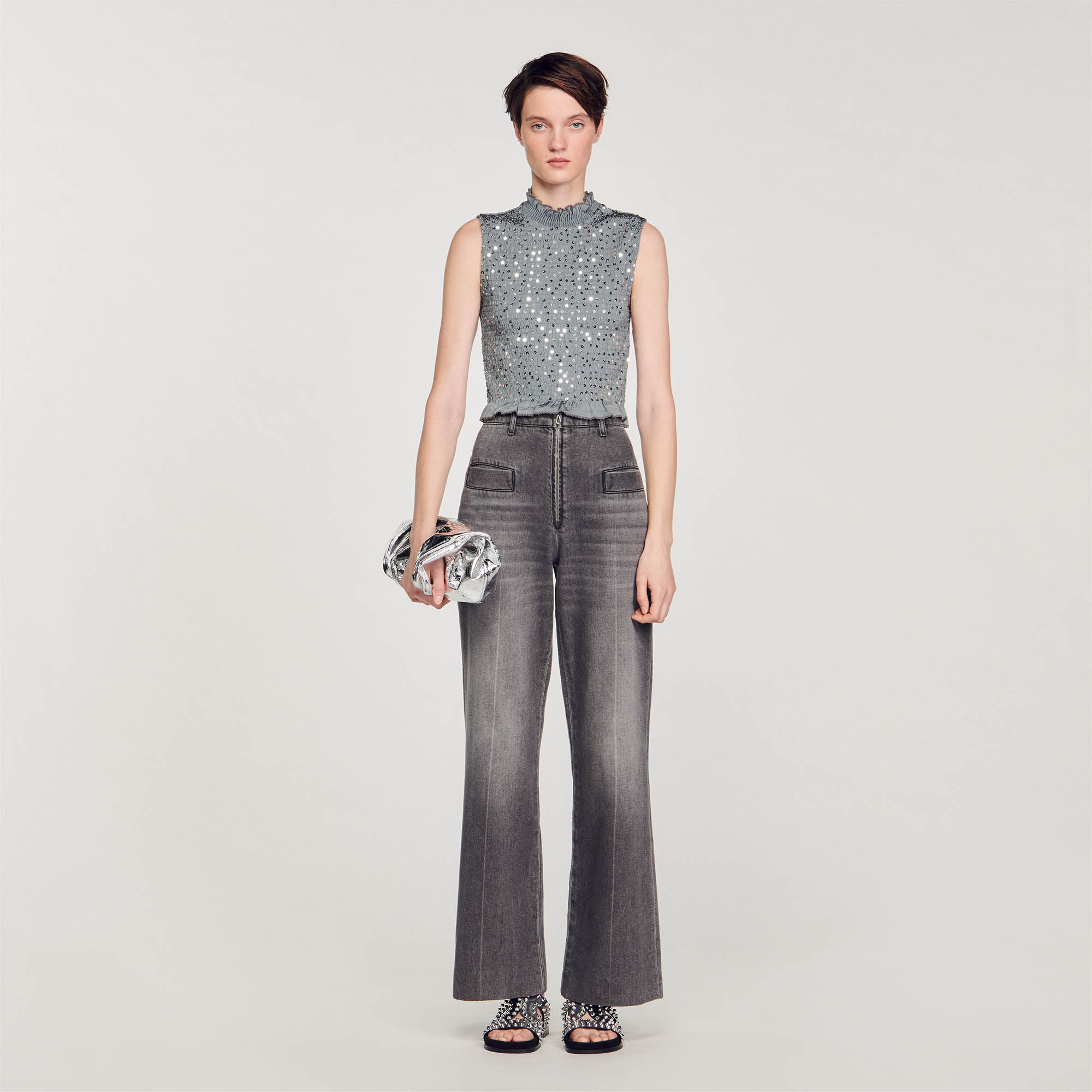 Sandro viscose Sleeveless smocked crop top embroidered with sequins, featuring a high neck and a ruffle at the bottom