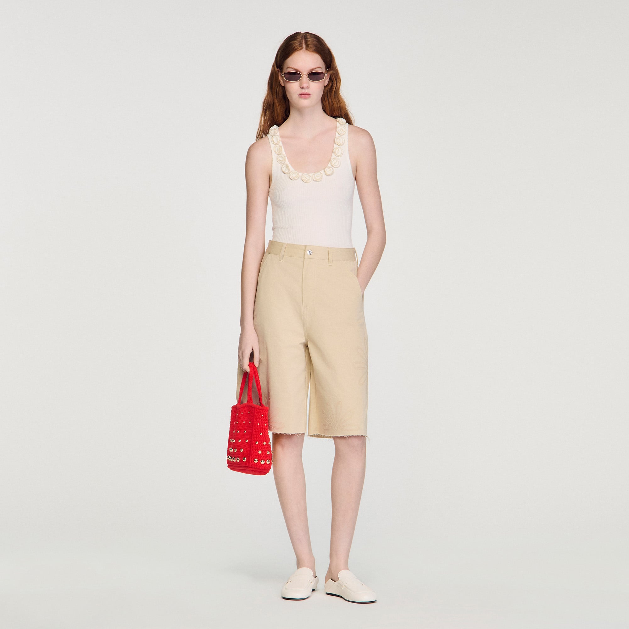 Sandro viscose Rib knit top with beaded roses, slim fit and sleeveless scooped round neckline