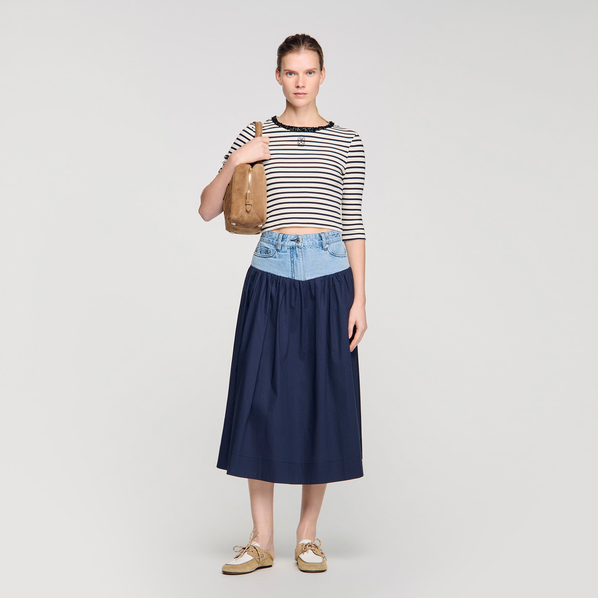 Short striped tee with beaded collar in Navy Blue for Women