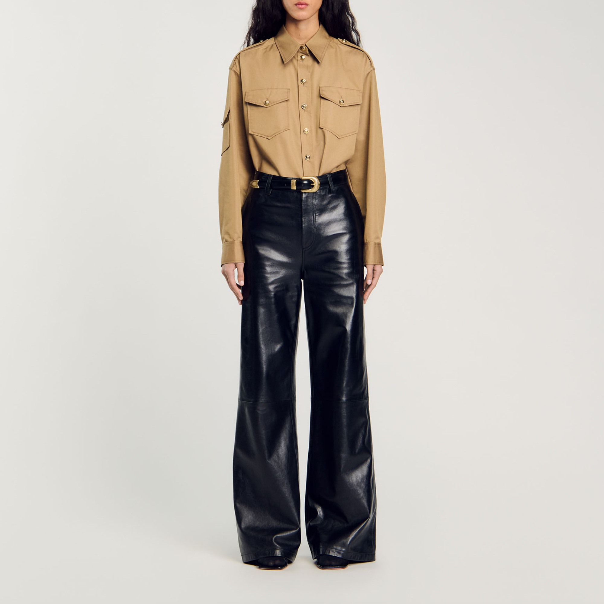 Sandro Flared Leather Trousers In Black
