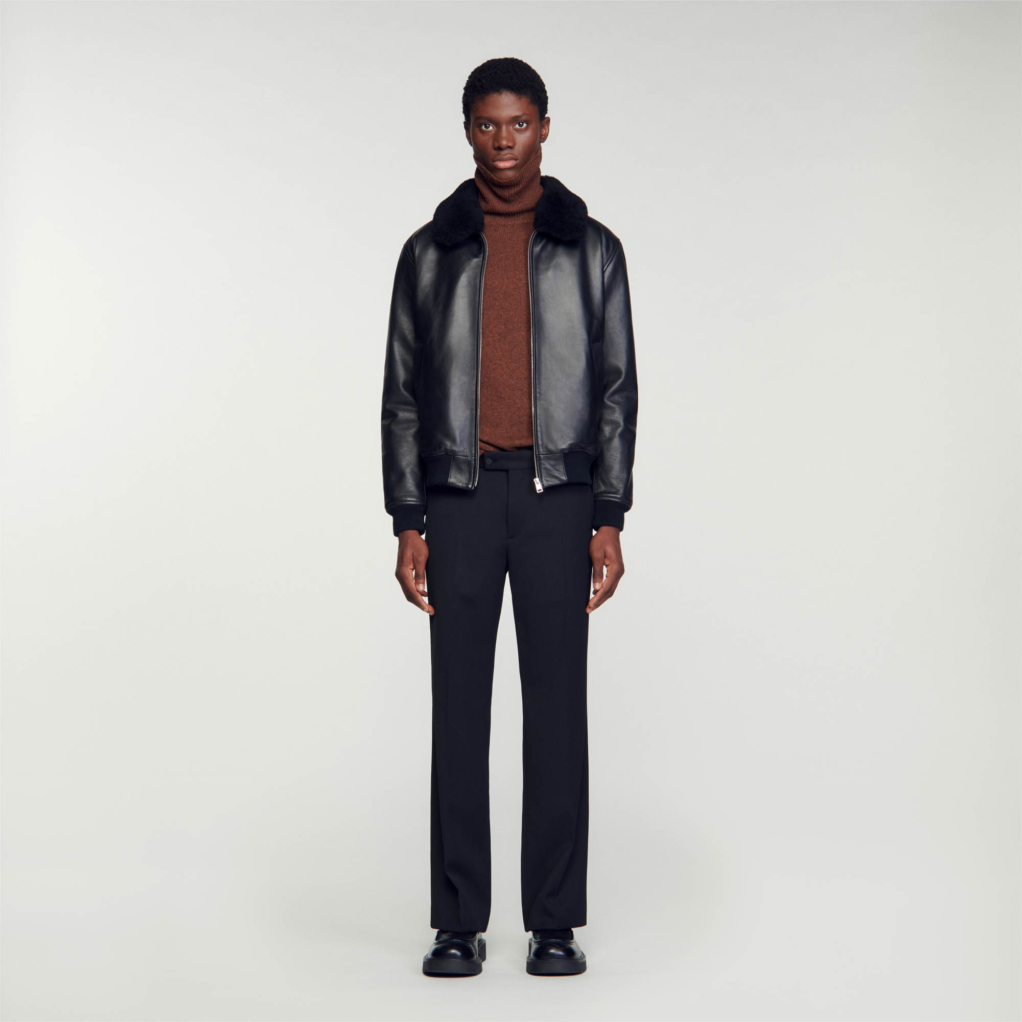 Sandro acetate Leather jacket with removable lapel collar, long sleeves, and zip fastening