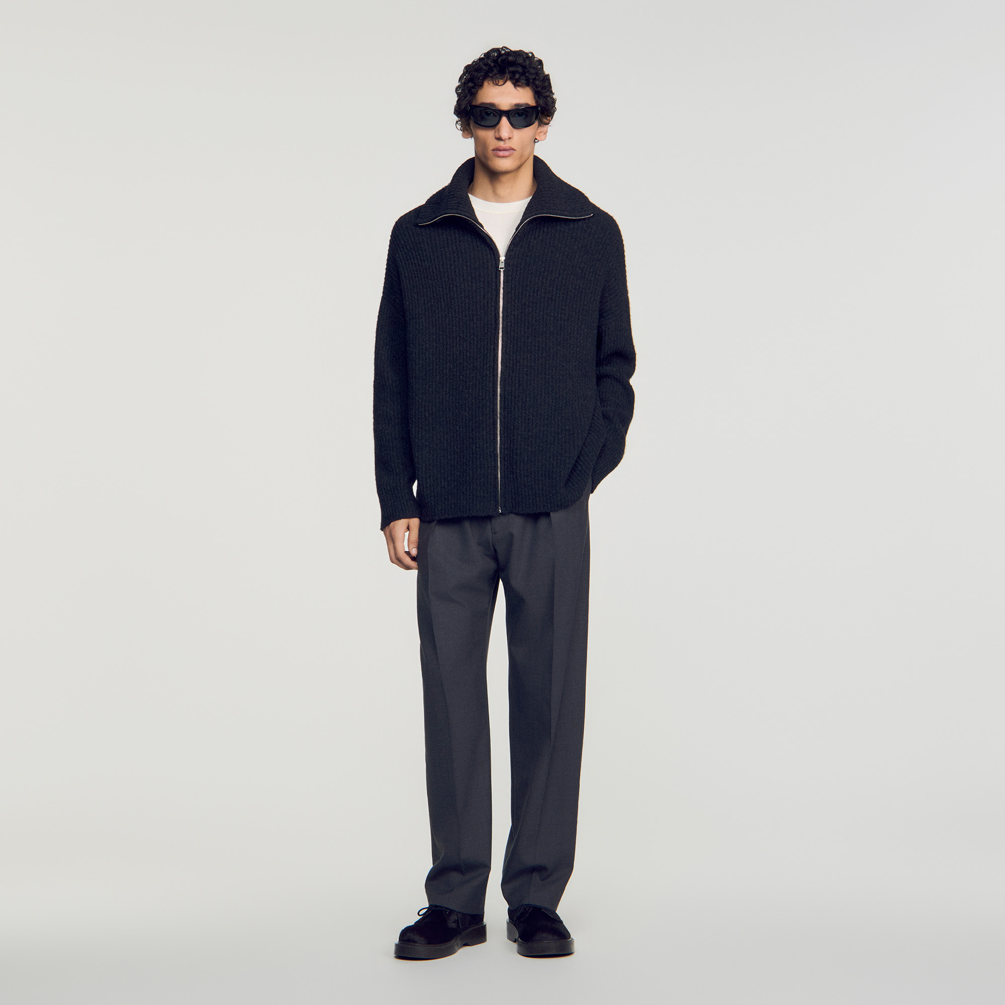 Textured wool zip-up cardigan