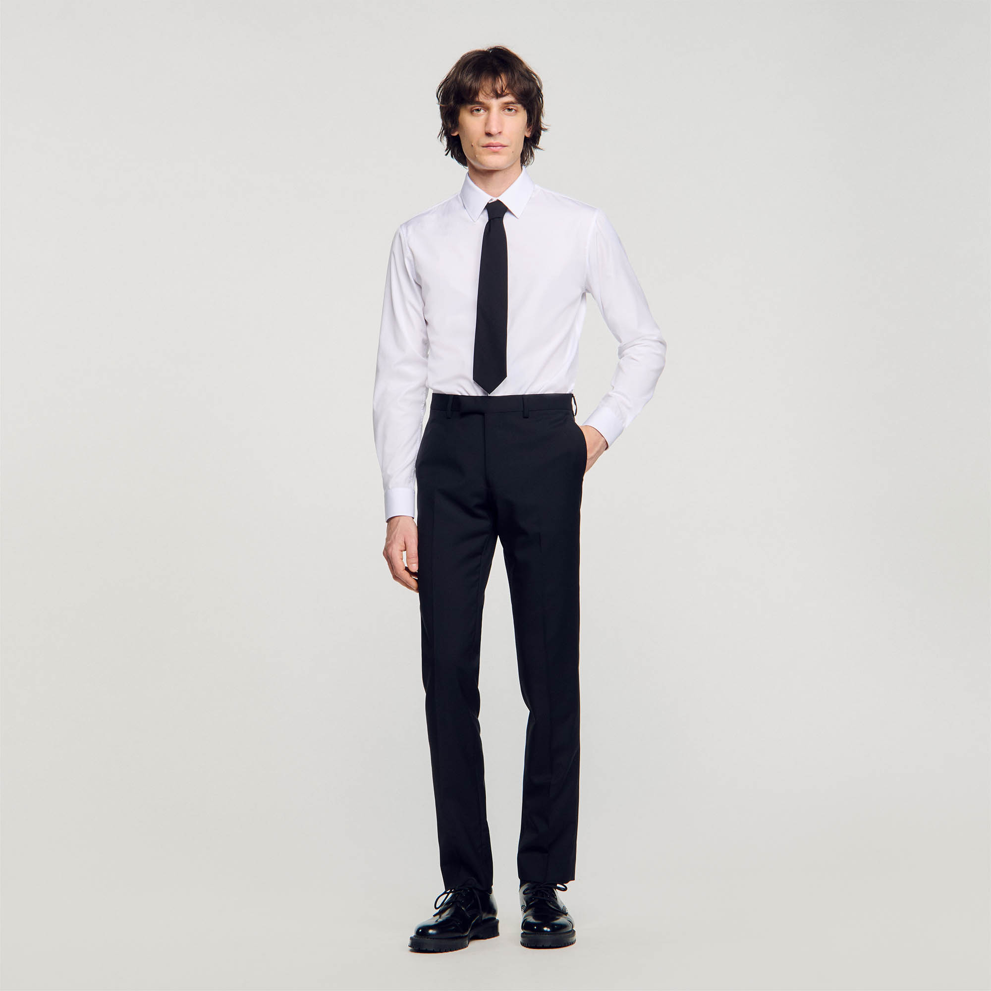 Sandro wool Tuxedo pants with satin panels, covered buttons and side pockets