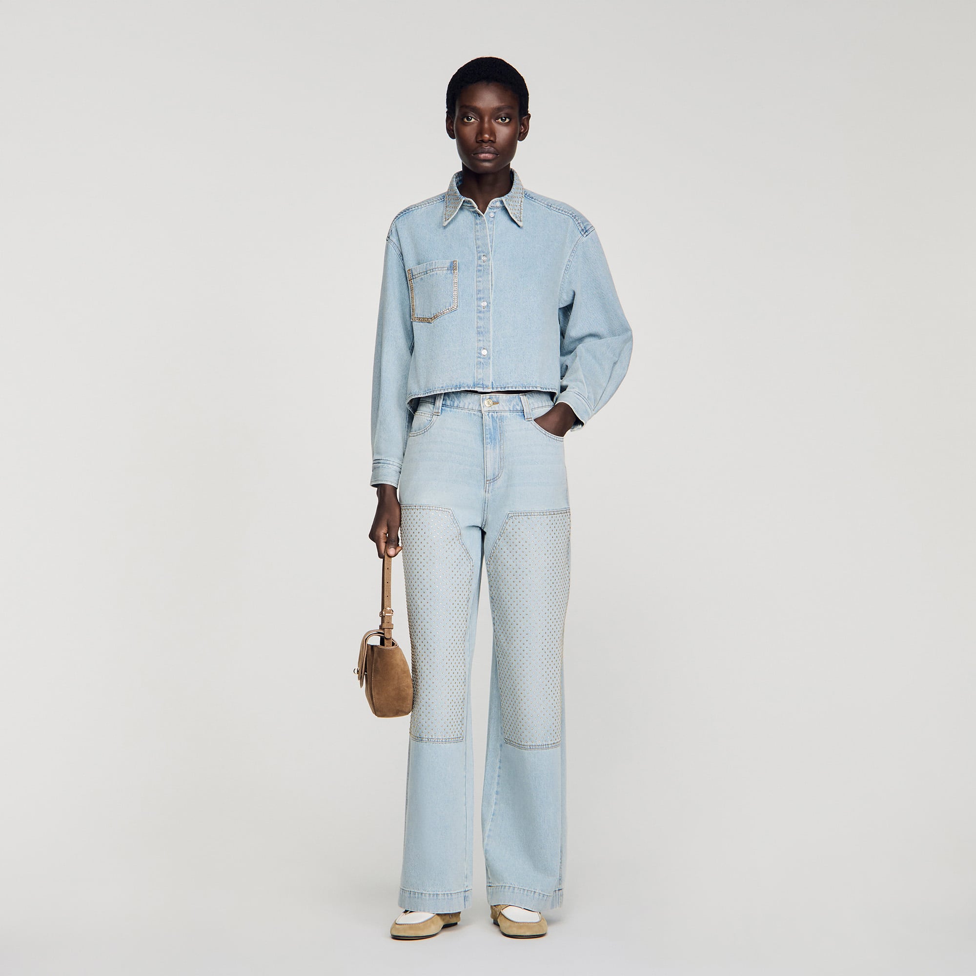 Rhinestone cropped denim shirt in Light bu jean for Women | Sandro