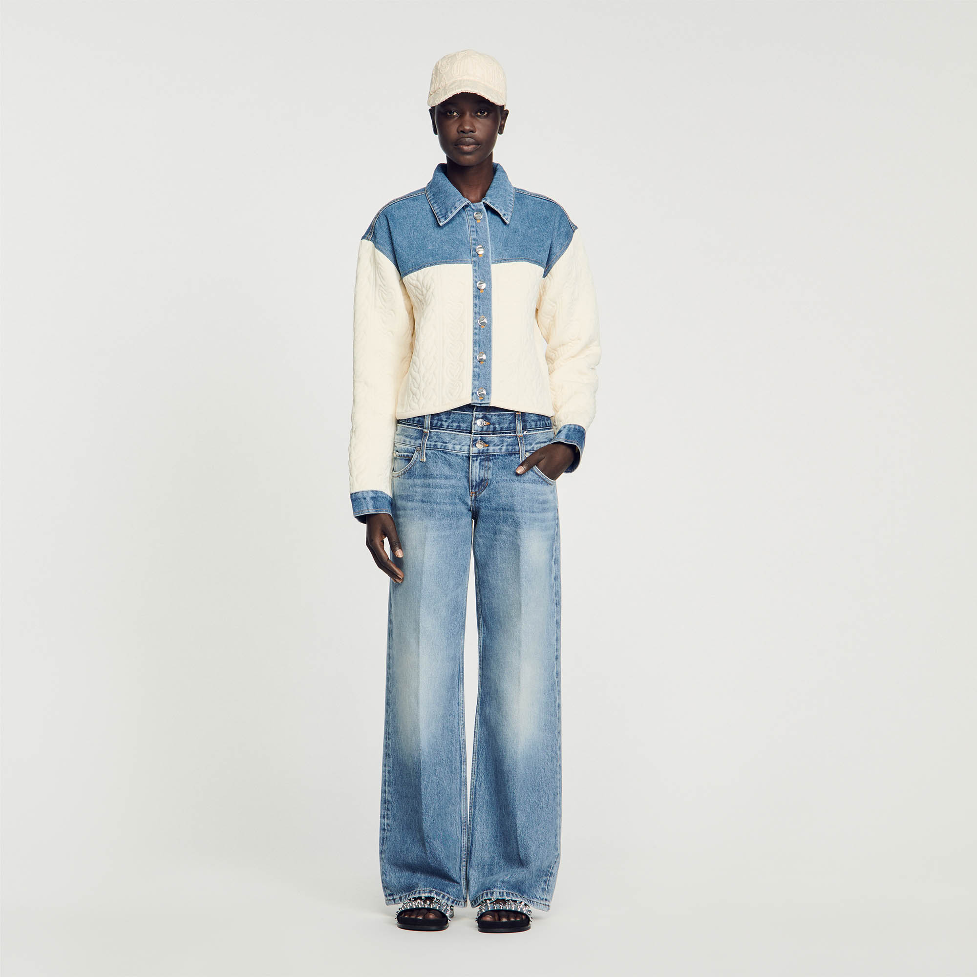Sandro polyamide Cropped dual-material coatigan with denim sections and padded knit inserts topstitched with heart motifs