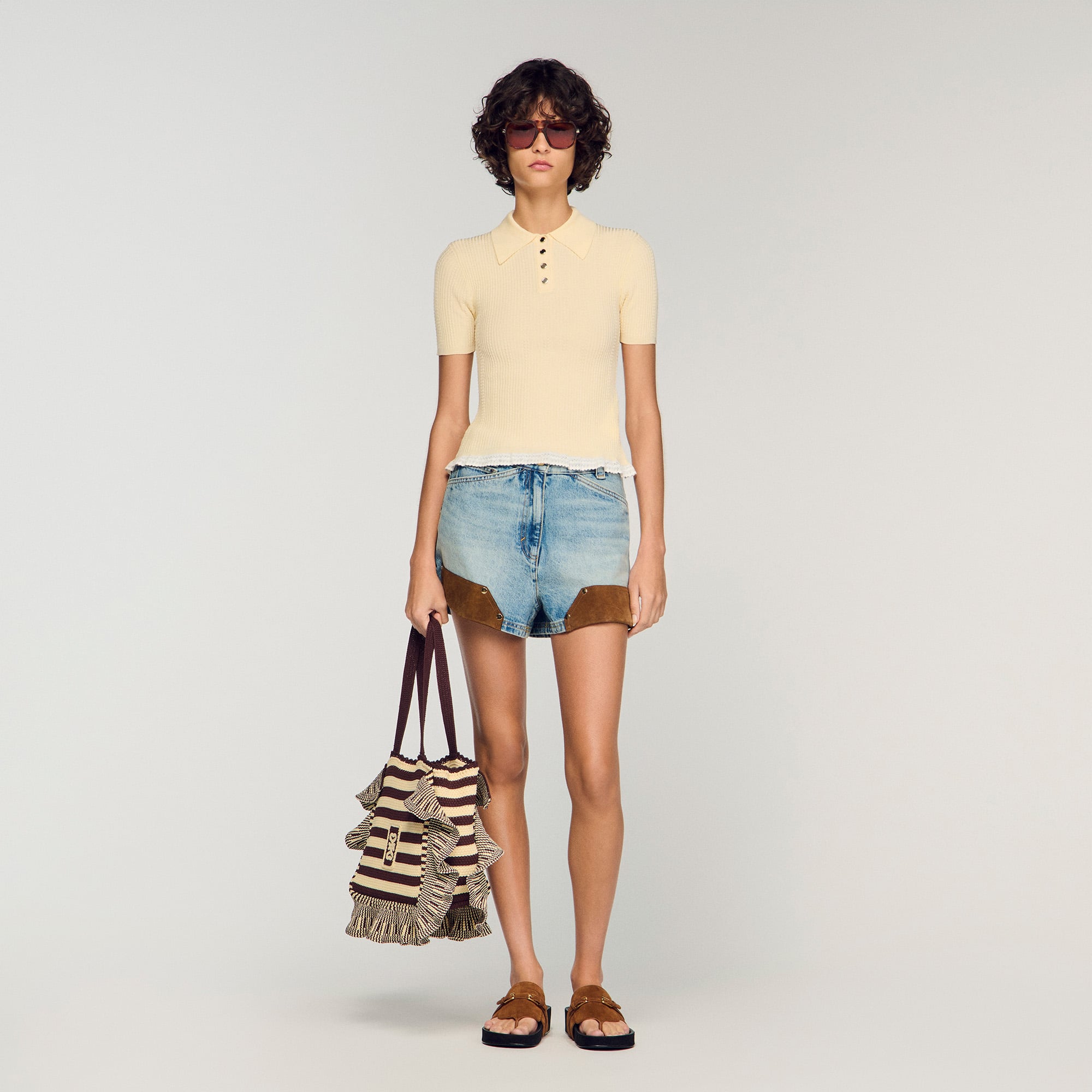 Sandro viscose Decorative knit top with polo collar, short sleeves and button fastening on the front