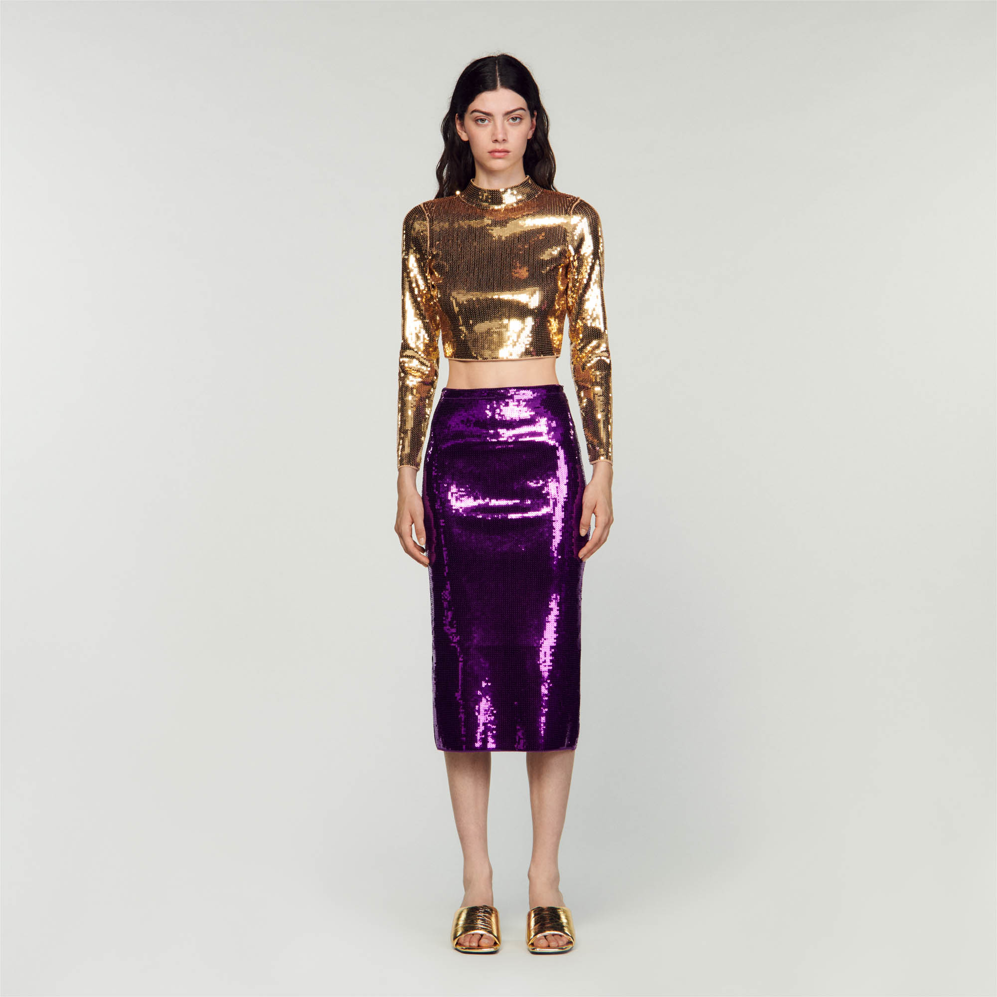 Sandro viscose Midi skirt with straight fit, slit at back, embellished with sequins