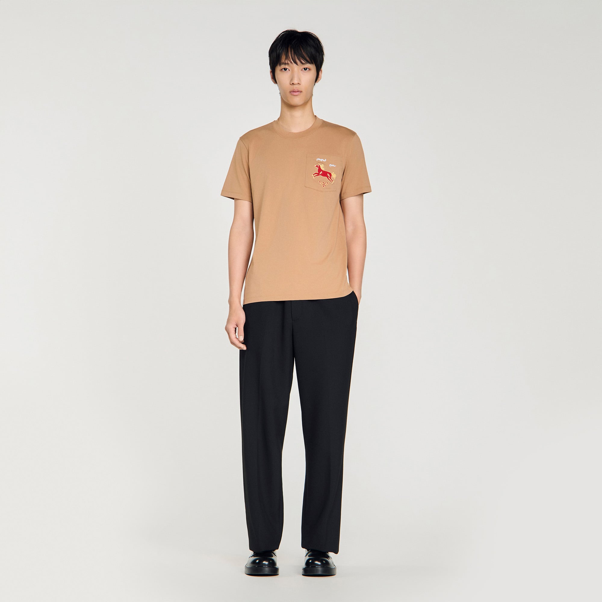 Sandro cotton Cotton T-shirt with a round neck and short sleeves, embellished with a horse embroidery on the chest