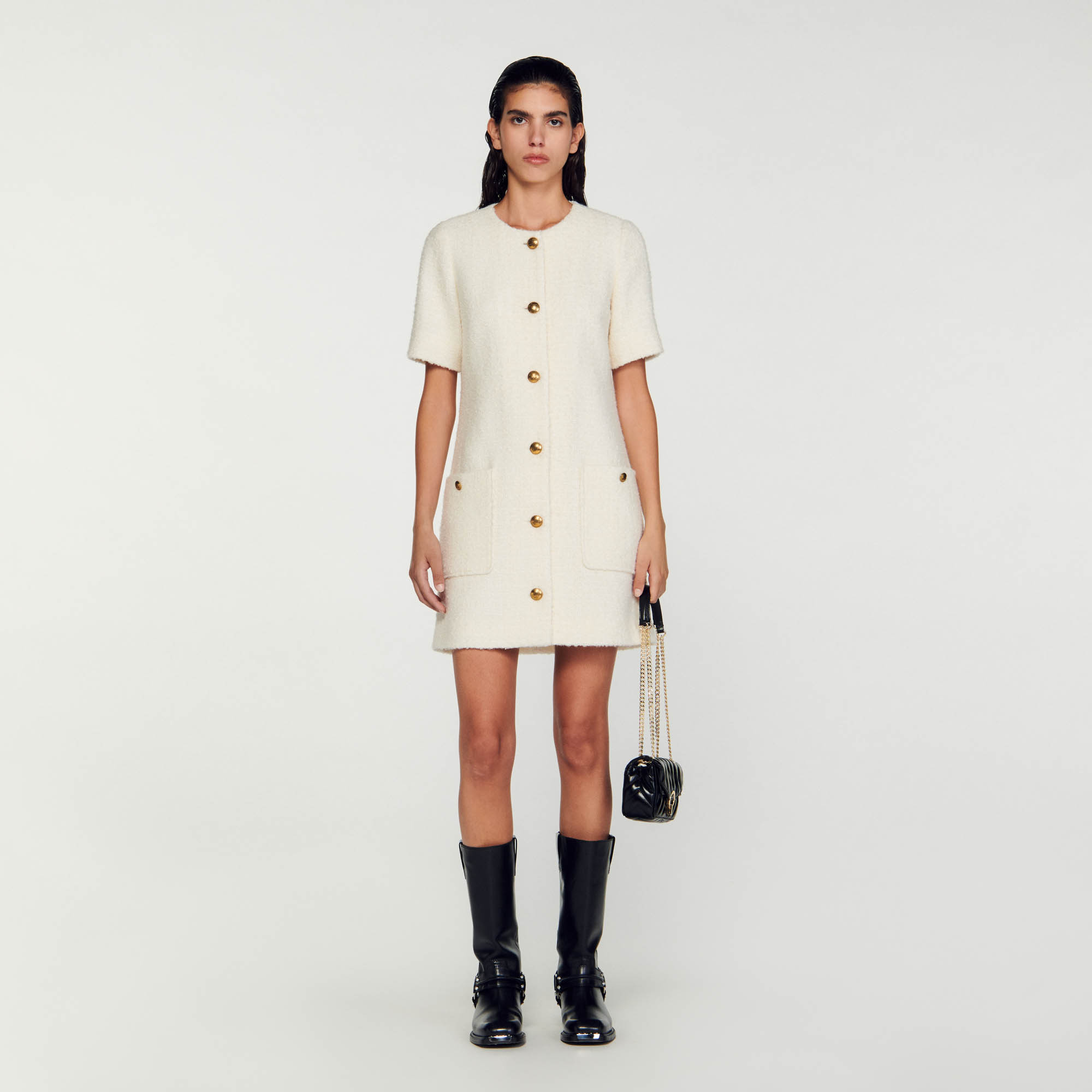 Sandro acrylic Coat-style short tweed dress with round neck, short sleeves and decorative button fastening