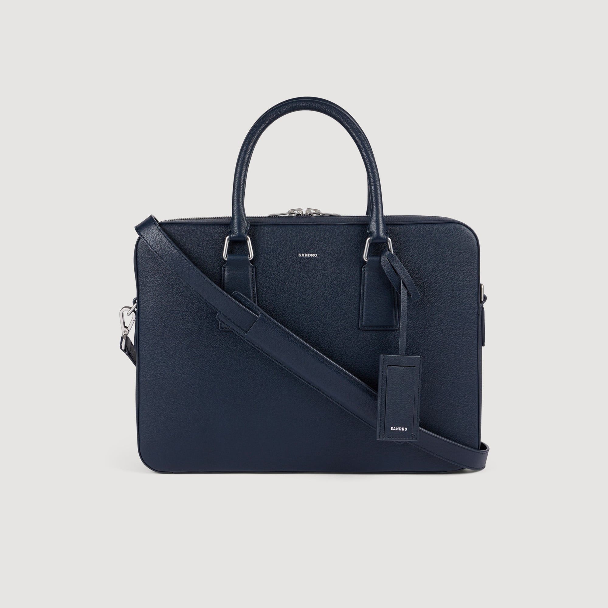 Large grained leather briefcase in Navy Blue for Men | Sandro Paris