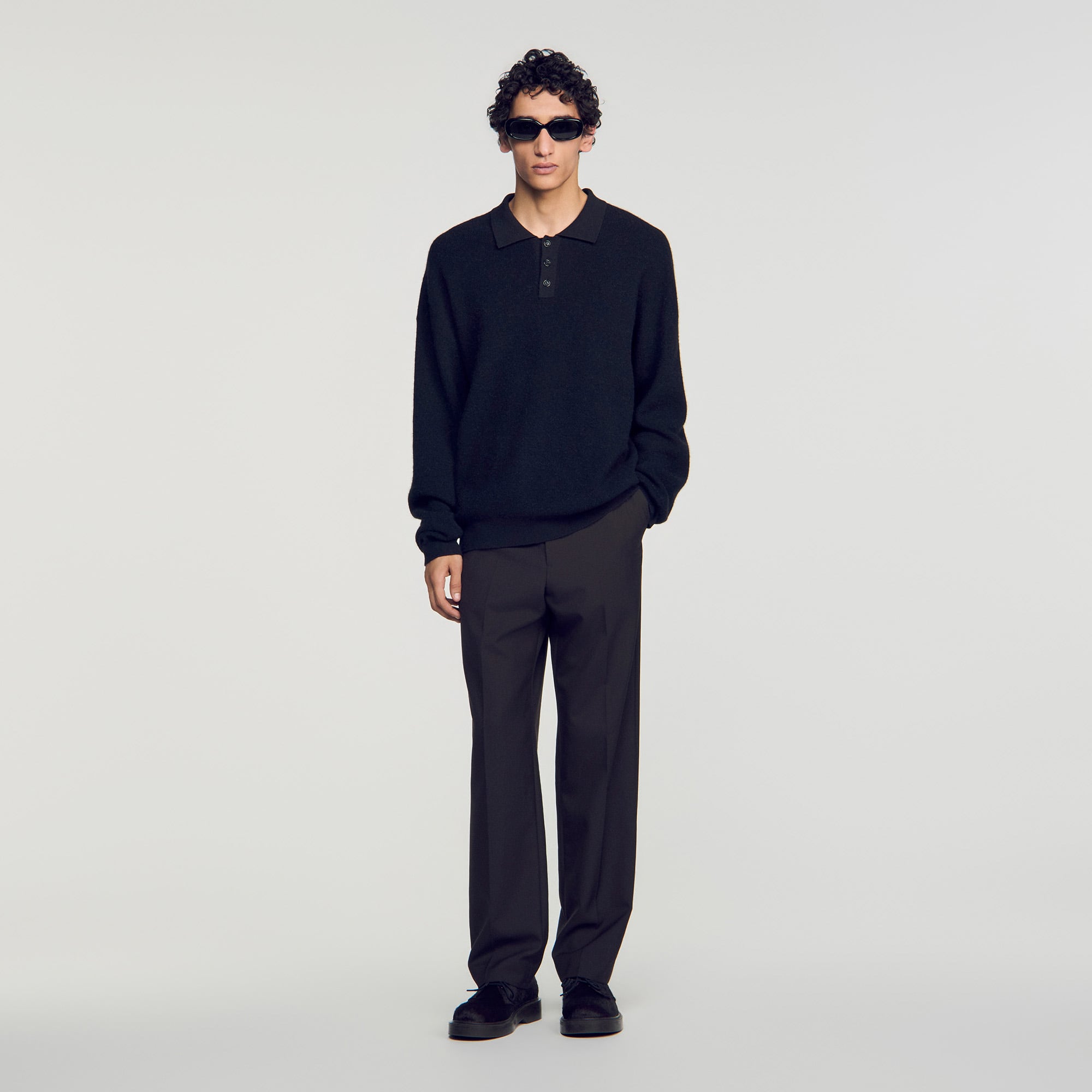 Ribbed alpaca polo shirt in Black for Men | Sandro Paris