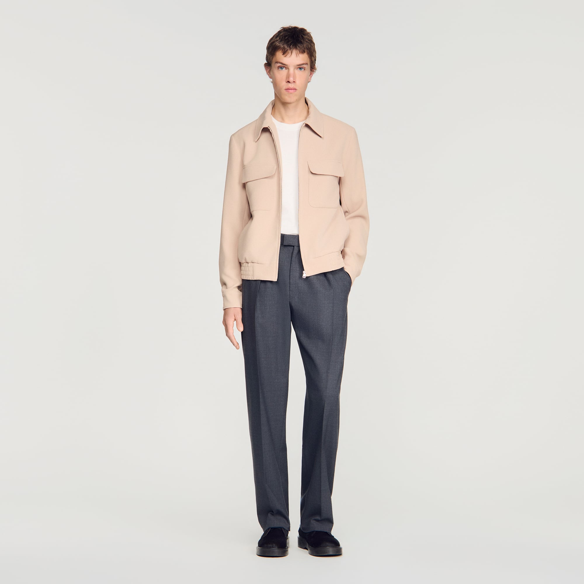 sandro PARIS 春ツィードジャケット金ボタンテープトリムM相当 Waffle-effect zip-up jacket in Cappucino for Men | Sandro Paris