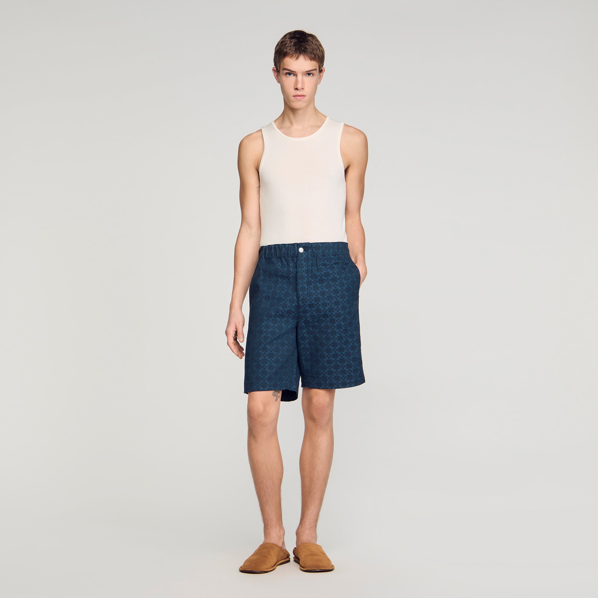 Sandro cotton Denim shorts with Square Cross pattern, featuring a classic fit, elastic waist and front button fastening