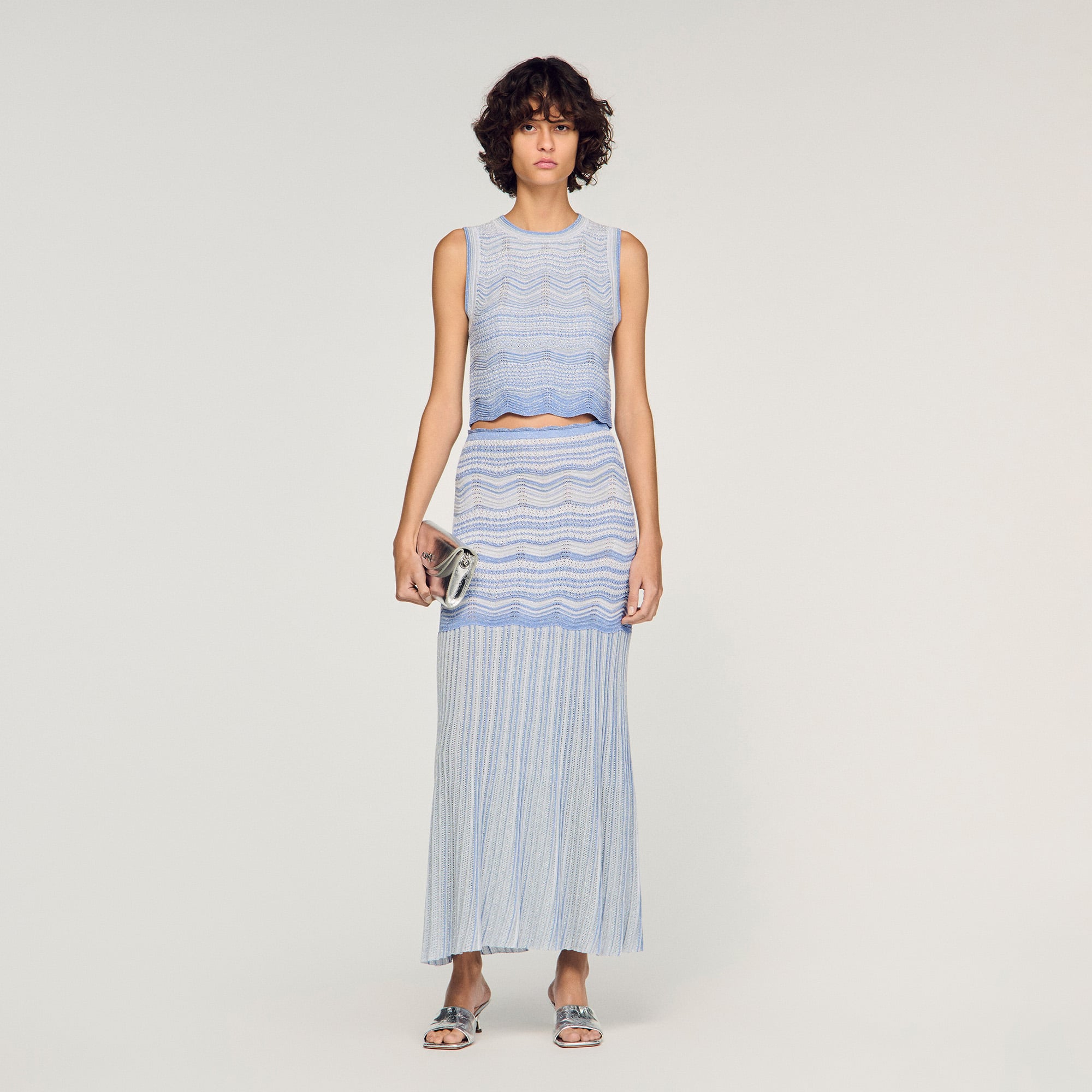 Sandro viscose Sleeveless cropped top in decorative ombré knit, with a round neck and wavy hem
