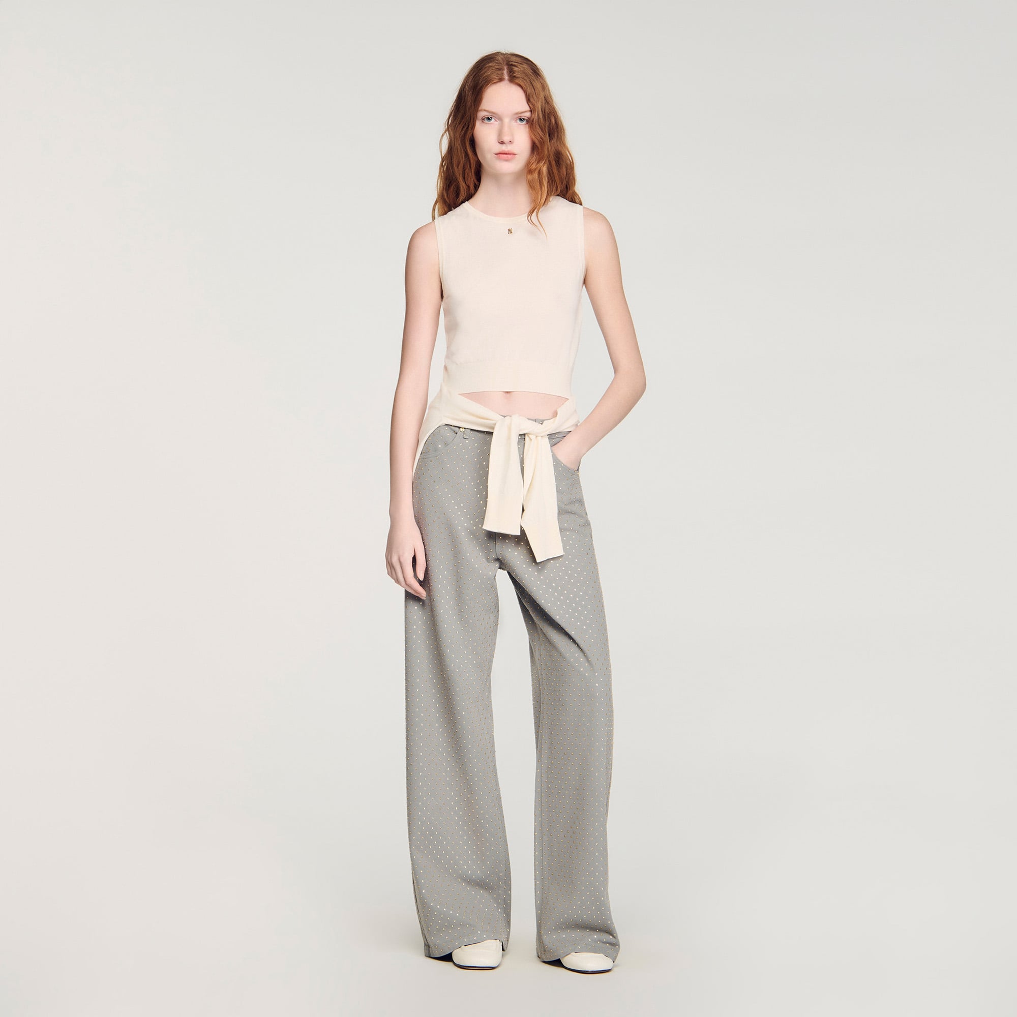 Sleeveless short knit sweater in Ecru for Women | Sandro Paris