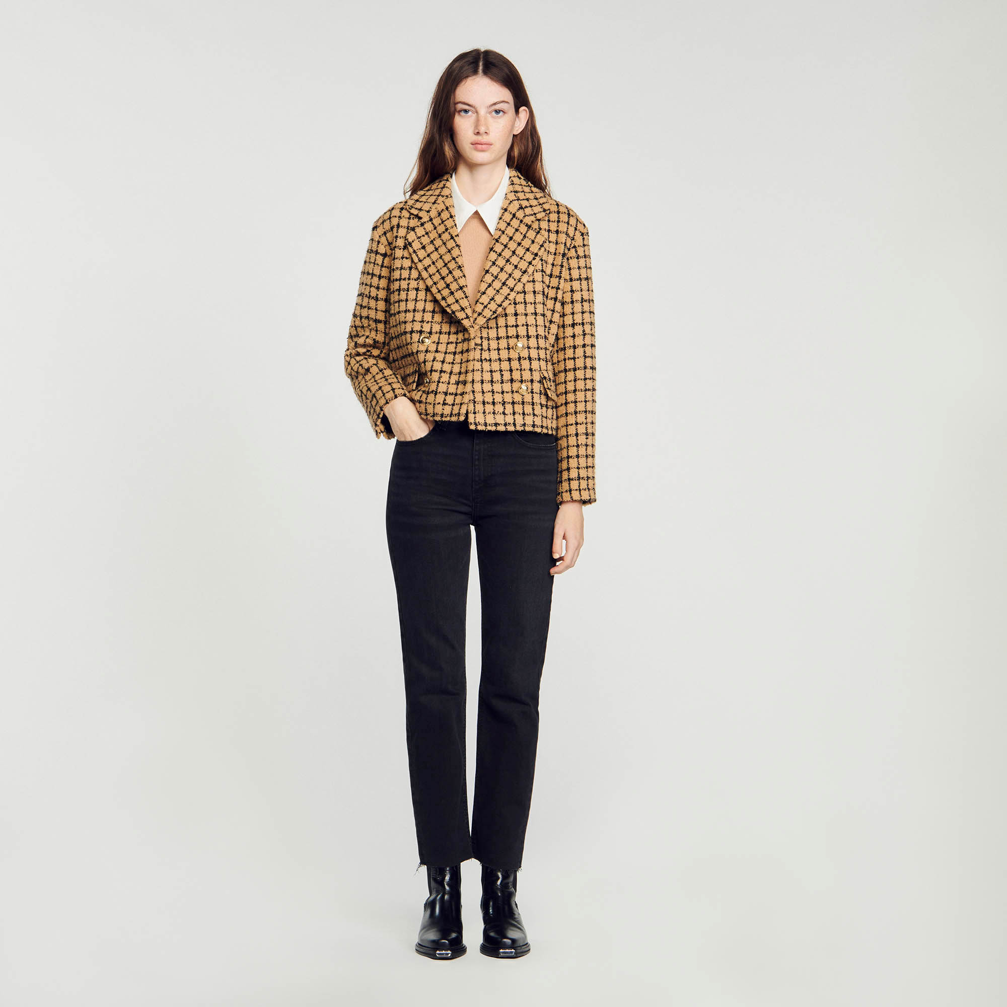 Sandro acrylic Short tweed check jacket featuring a large lapel collar, double-breasted buttons and flap pockets on the waist