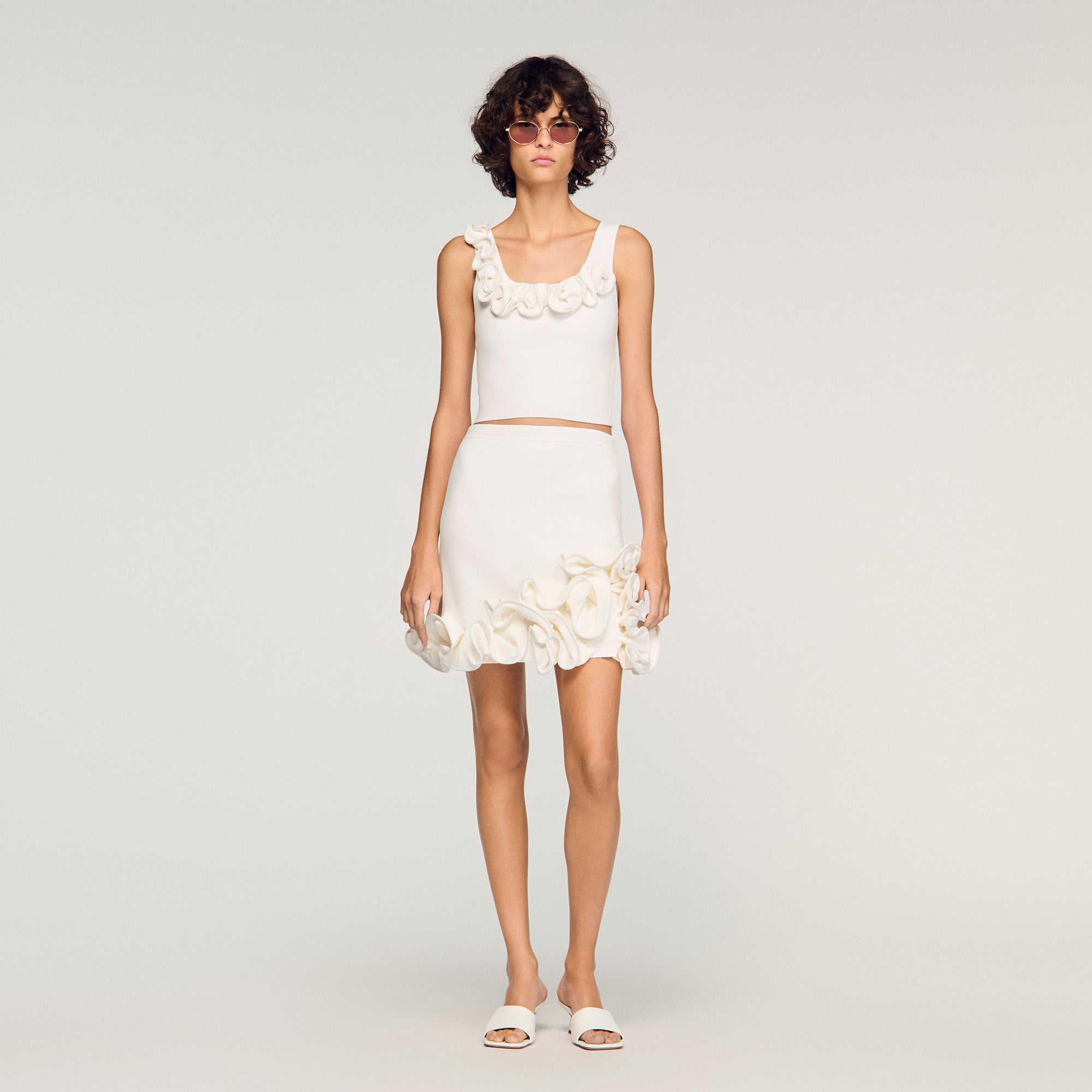 Sandro polyamide Mini flared knit skirt with a floral pattern and elastic waist