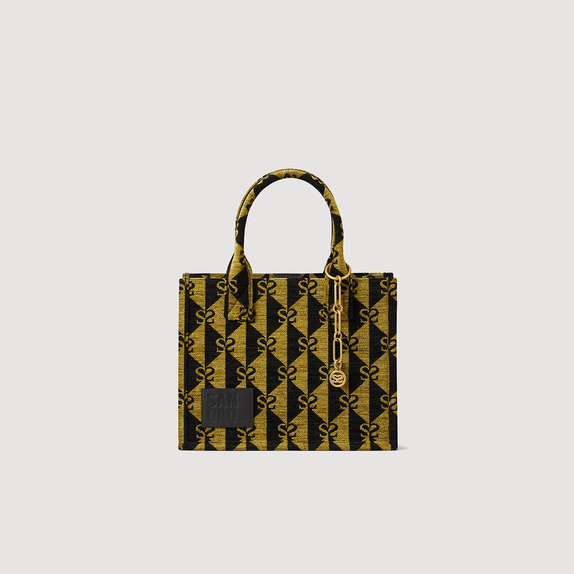 Sandro acrylic Plain tweed tote bag with geometric pattern, handles, magnetic fastening and removable jewellery chain