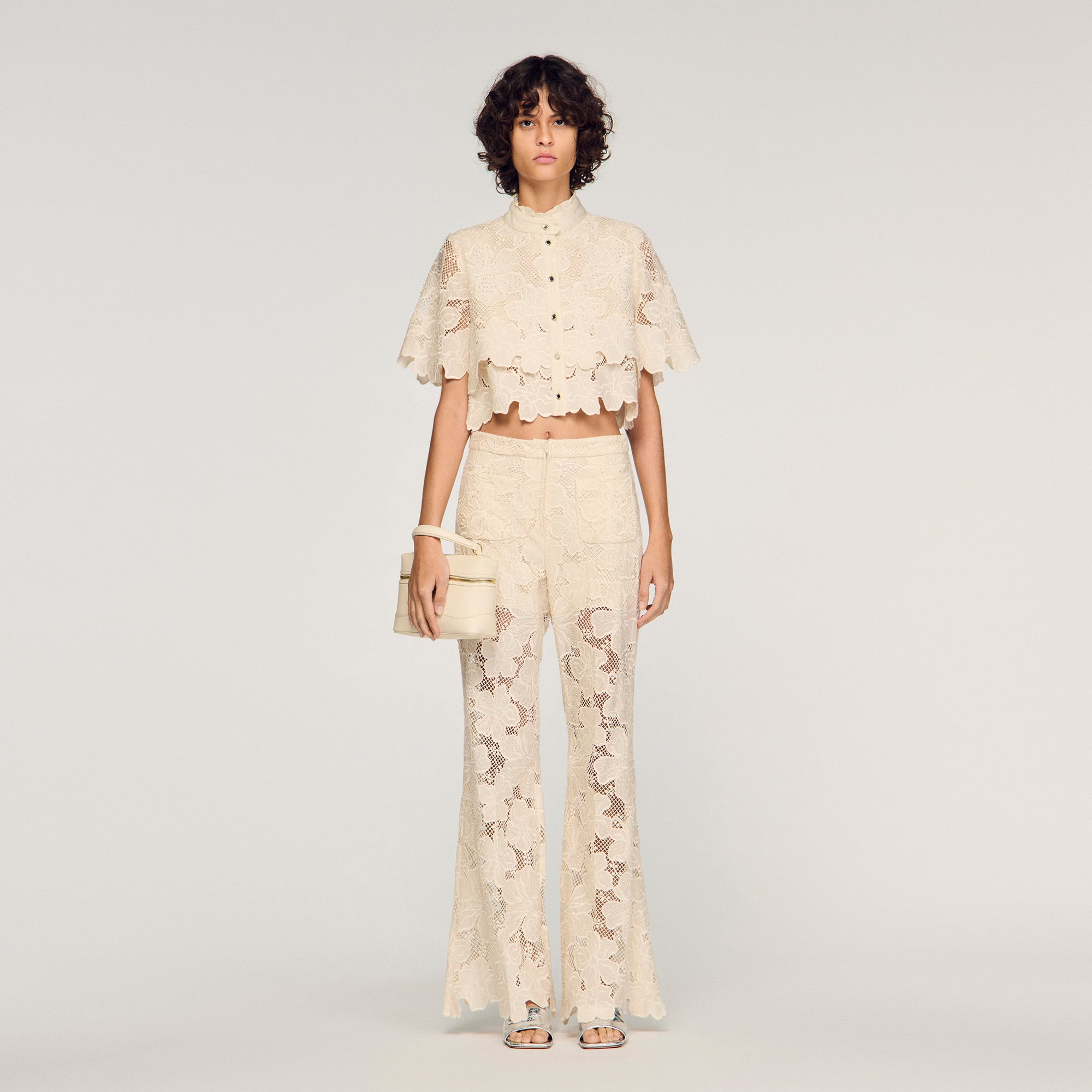 Cropped floral guipure shirt in Ecru for Women | Sandro Paris