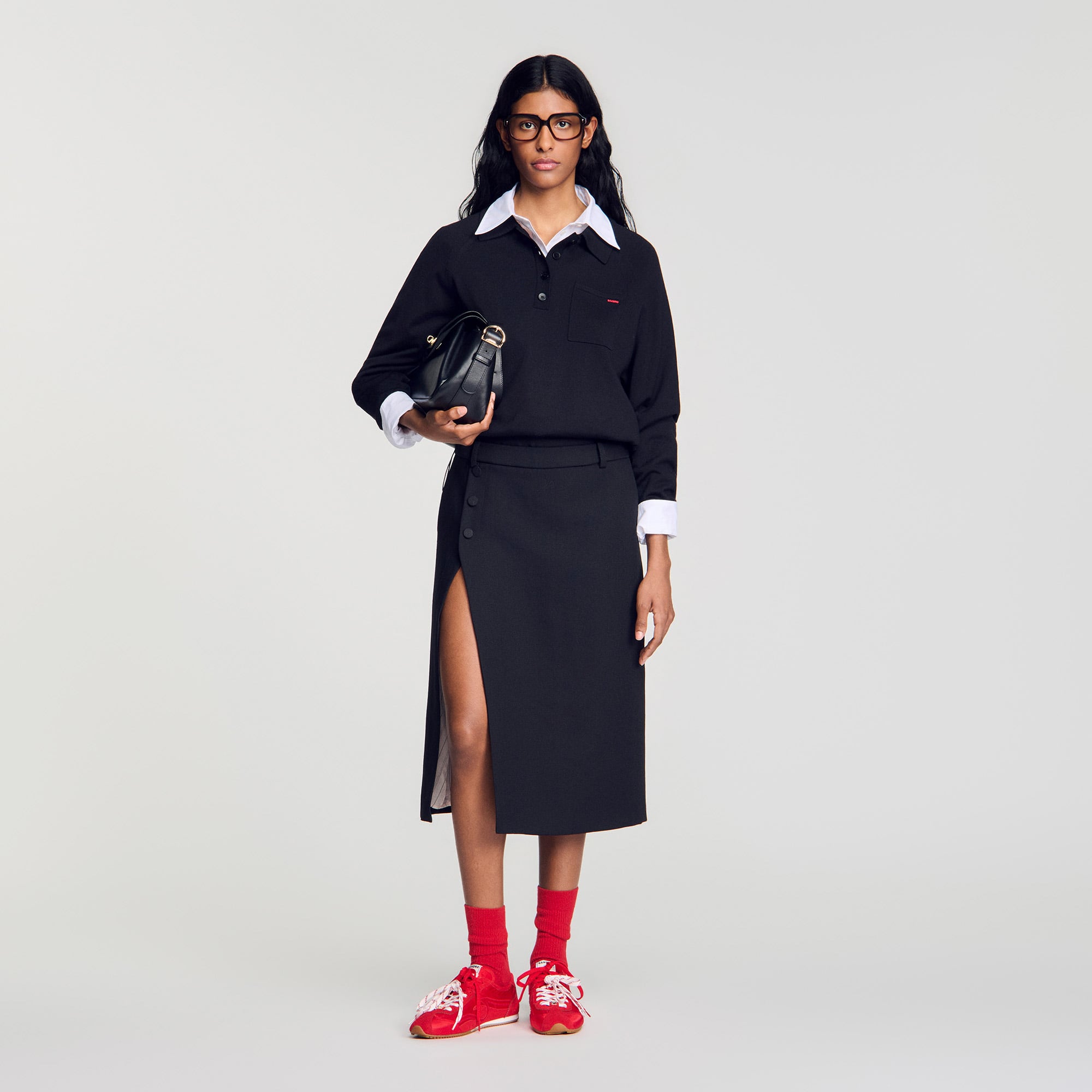 Mid-length slit wool skirt