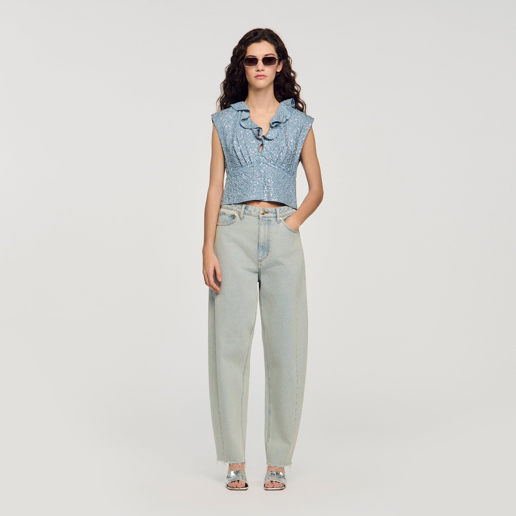 Sandro lyocell Striped sequin crop top with a ruffled V-neckline and a tie fastening at the front