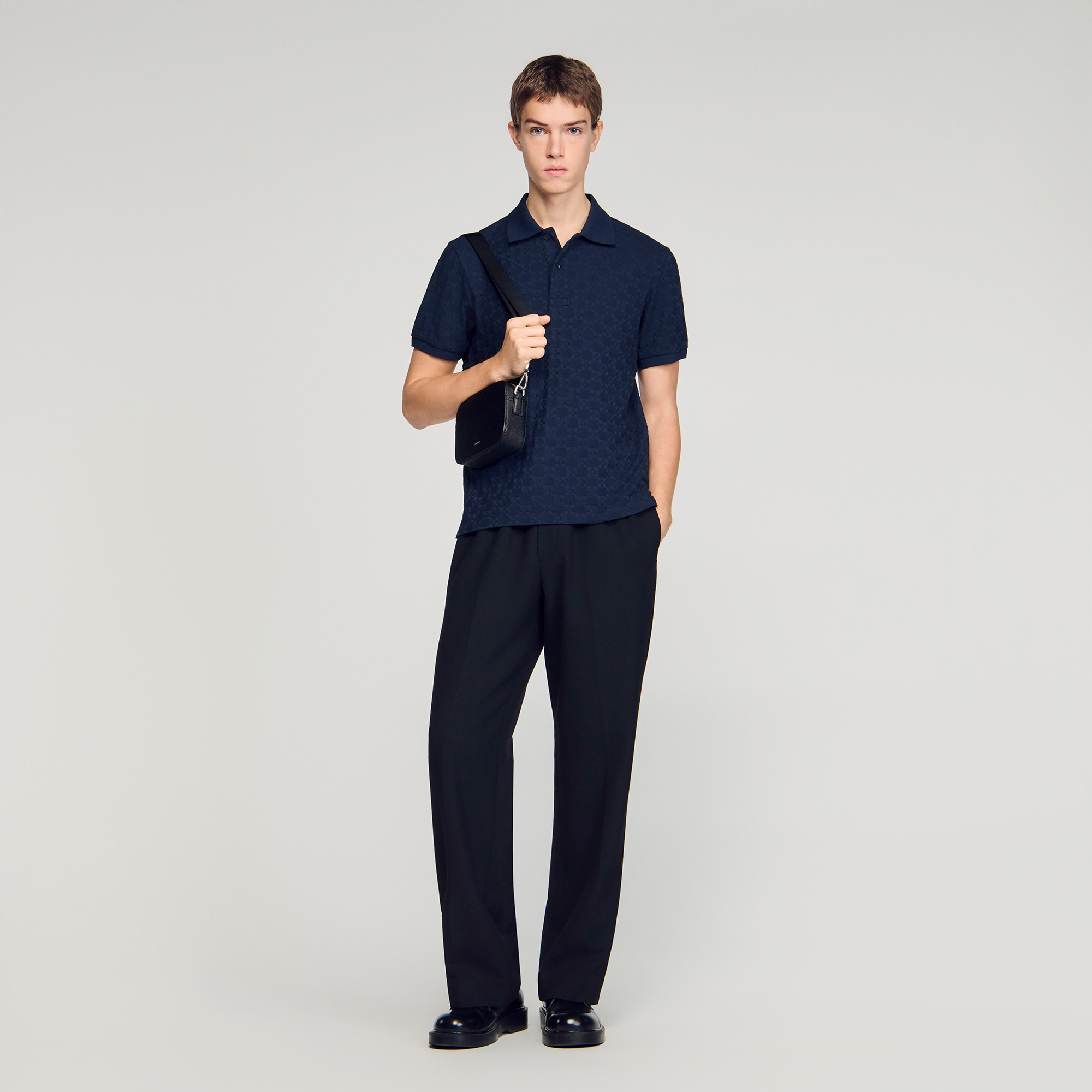 Sandro cotton Classic fit jacquard jersey polo with Square Cross pattern, button-down polo collar and short sleeves