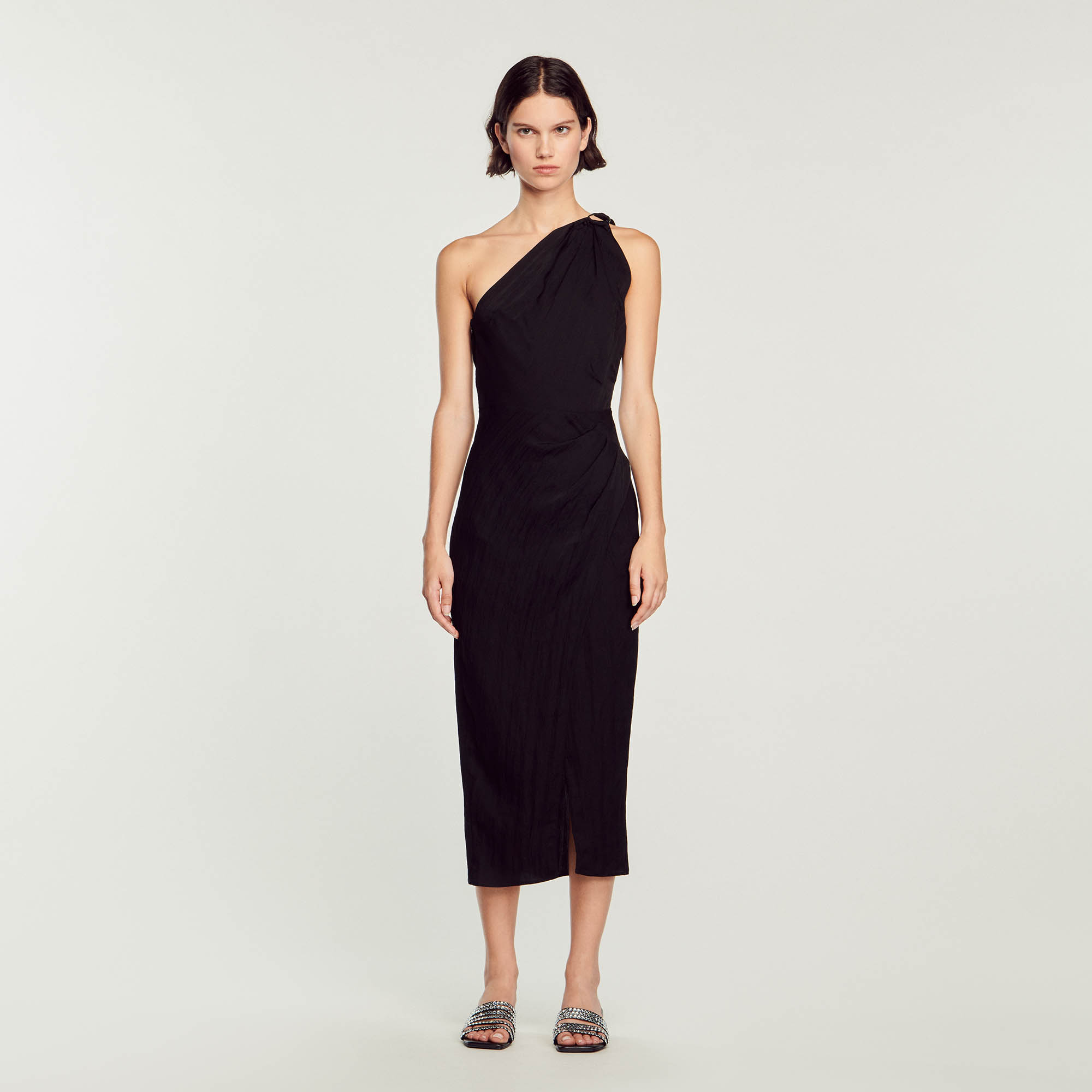 Sandro acetate Asymmetrical, draped midi dress, open front with buckle strap and opening at the back