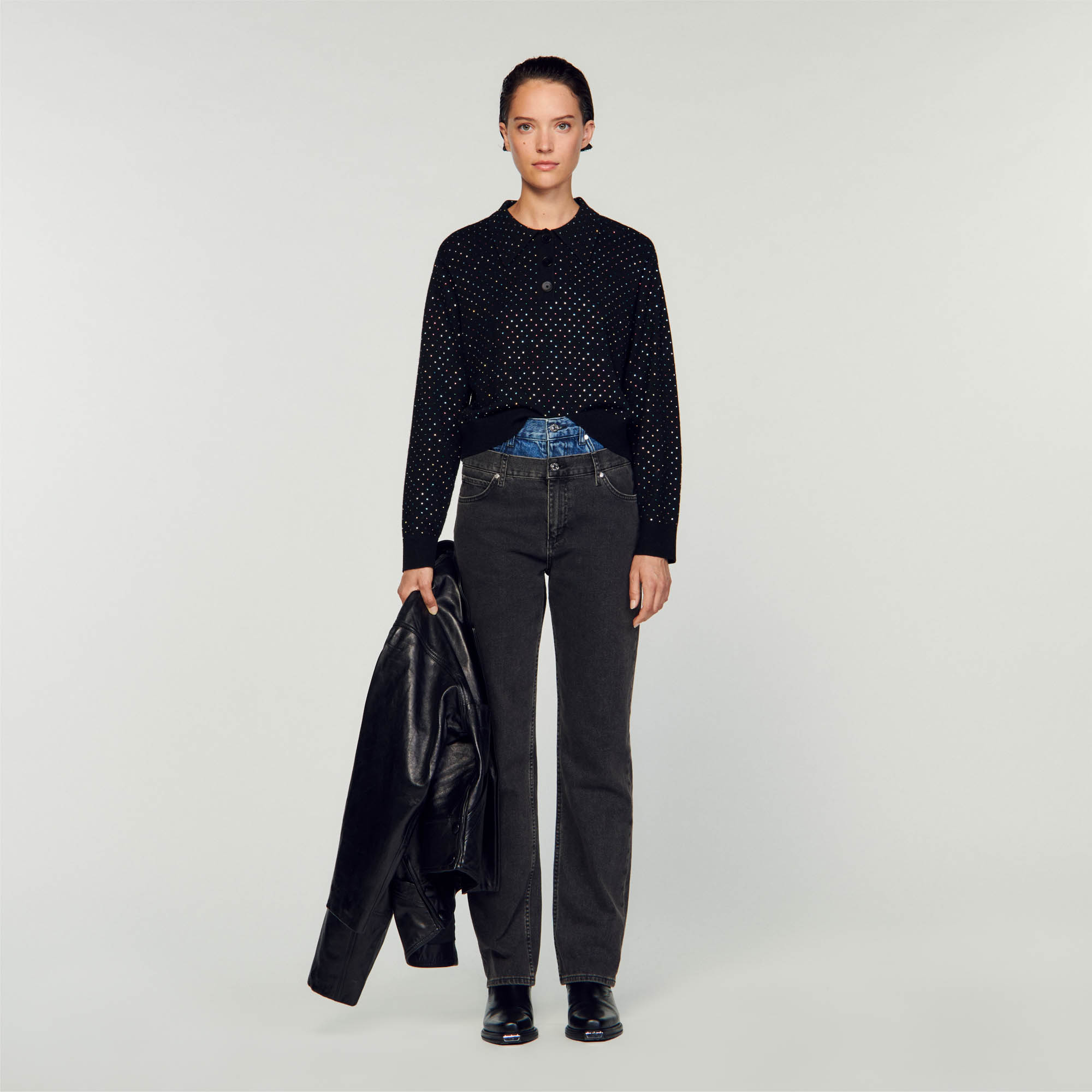 Sandro wool Cropped baggy sweater in a wool and cashmere blend knit, with a button-up polo neck, long sleeves and rhinestones