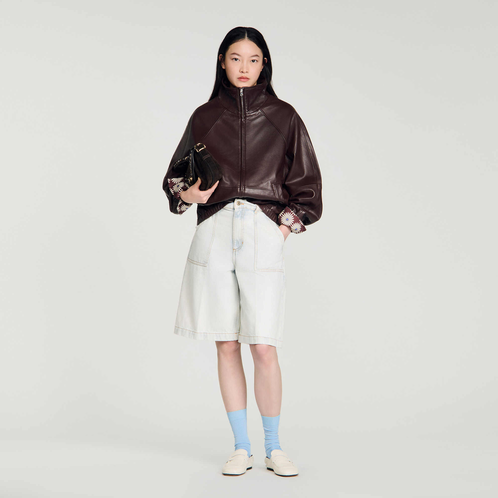 Oversized zip-up leather jacket in Brown for Women | Sandro Paris