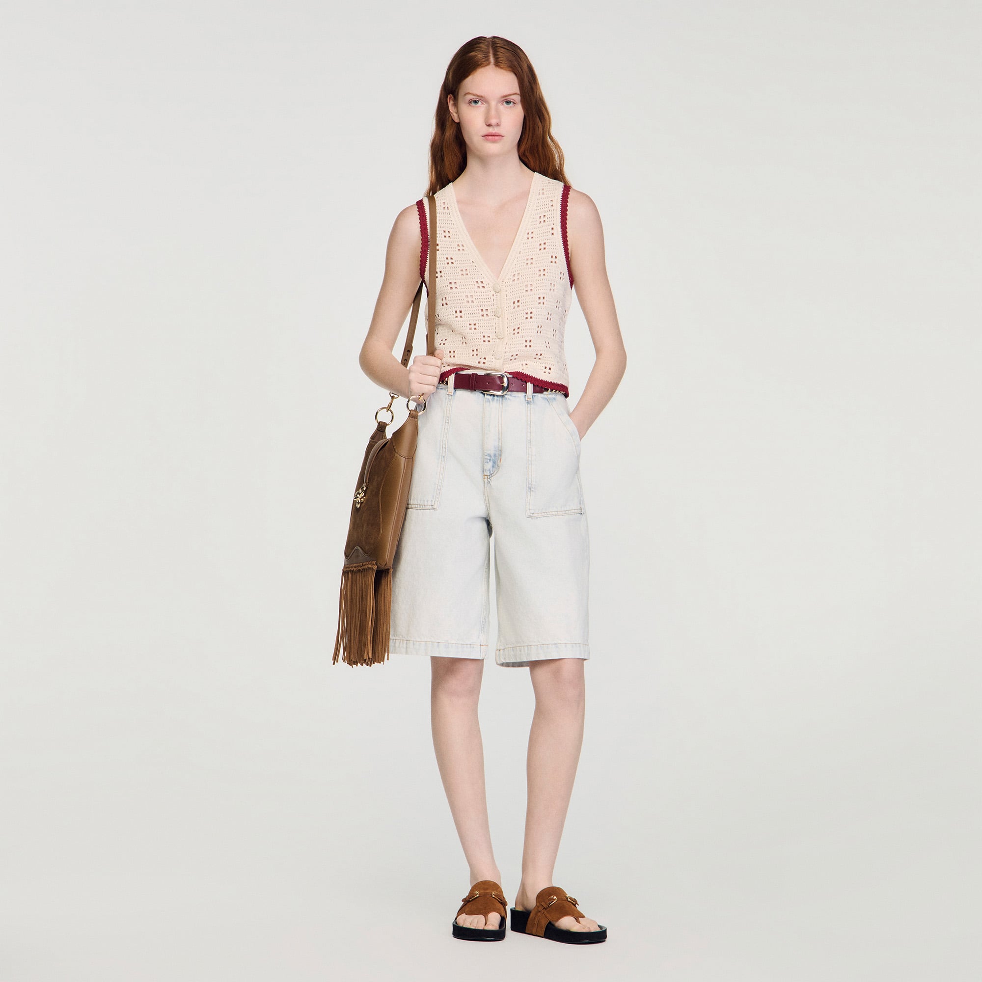 Sandro viscose Sleeveless top in a crochet-effect knit with a geometric pattern, featuring contrasting trim, a V-neck, and a front button fastening