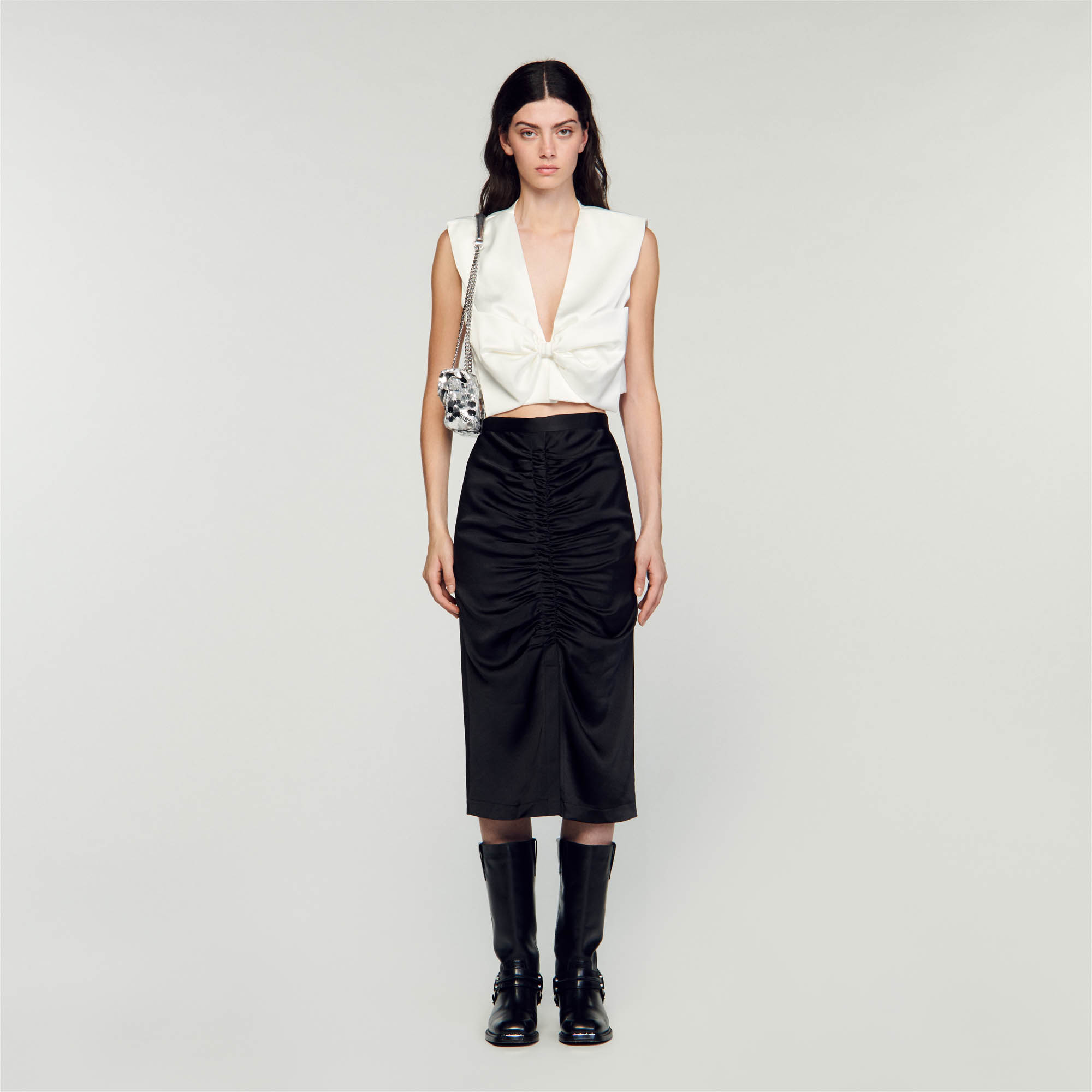 Sandro polyester Satin-effect midi skirt with drawstrings and front gather details and a front slit