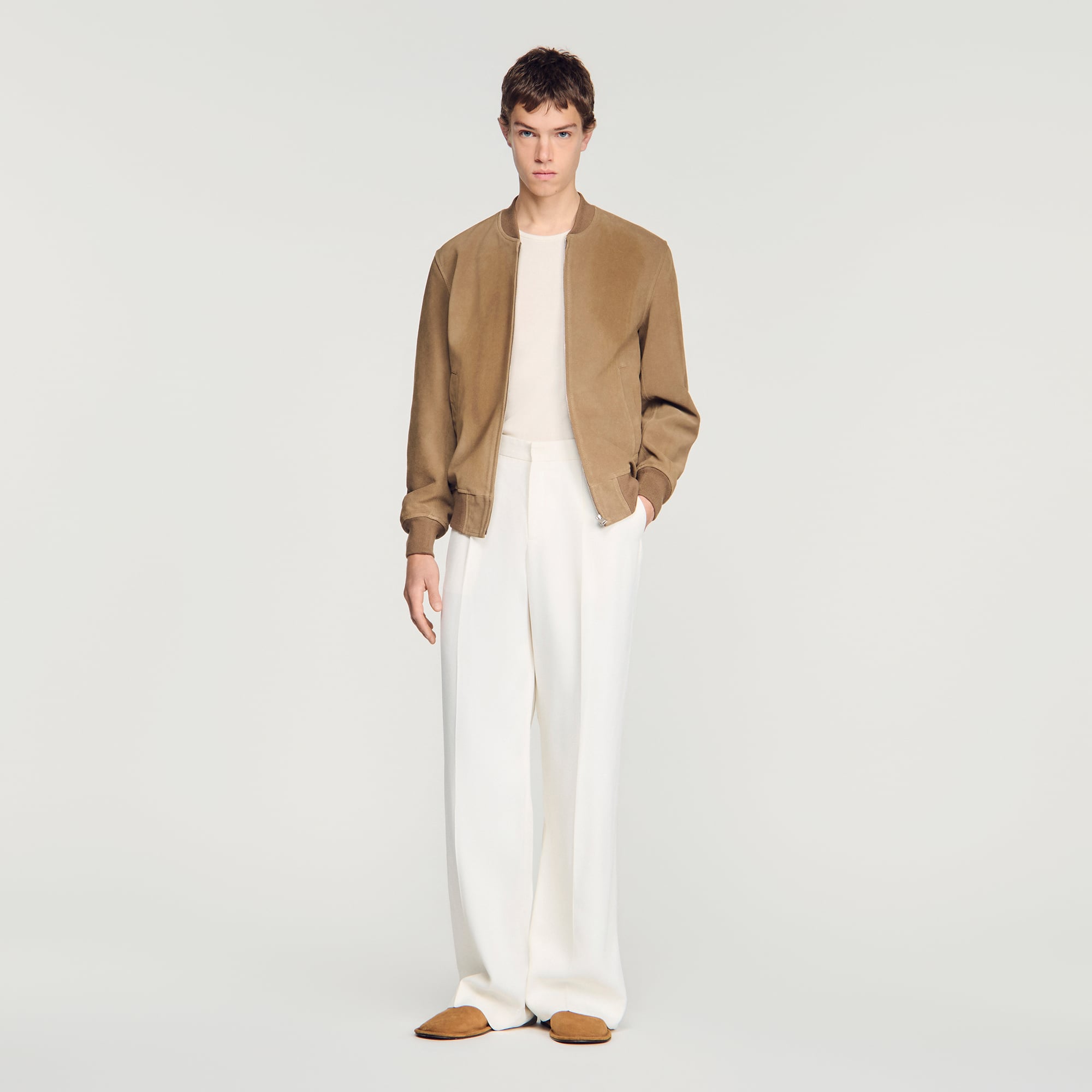 Sandro leather Suede jacket with a varsity collar, long sleeves and a zip fastening, with ribbed trim