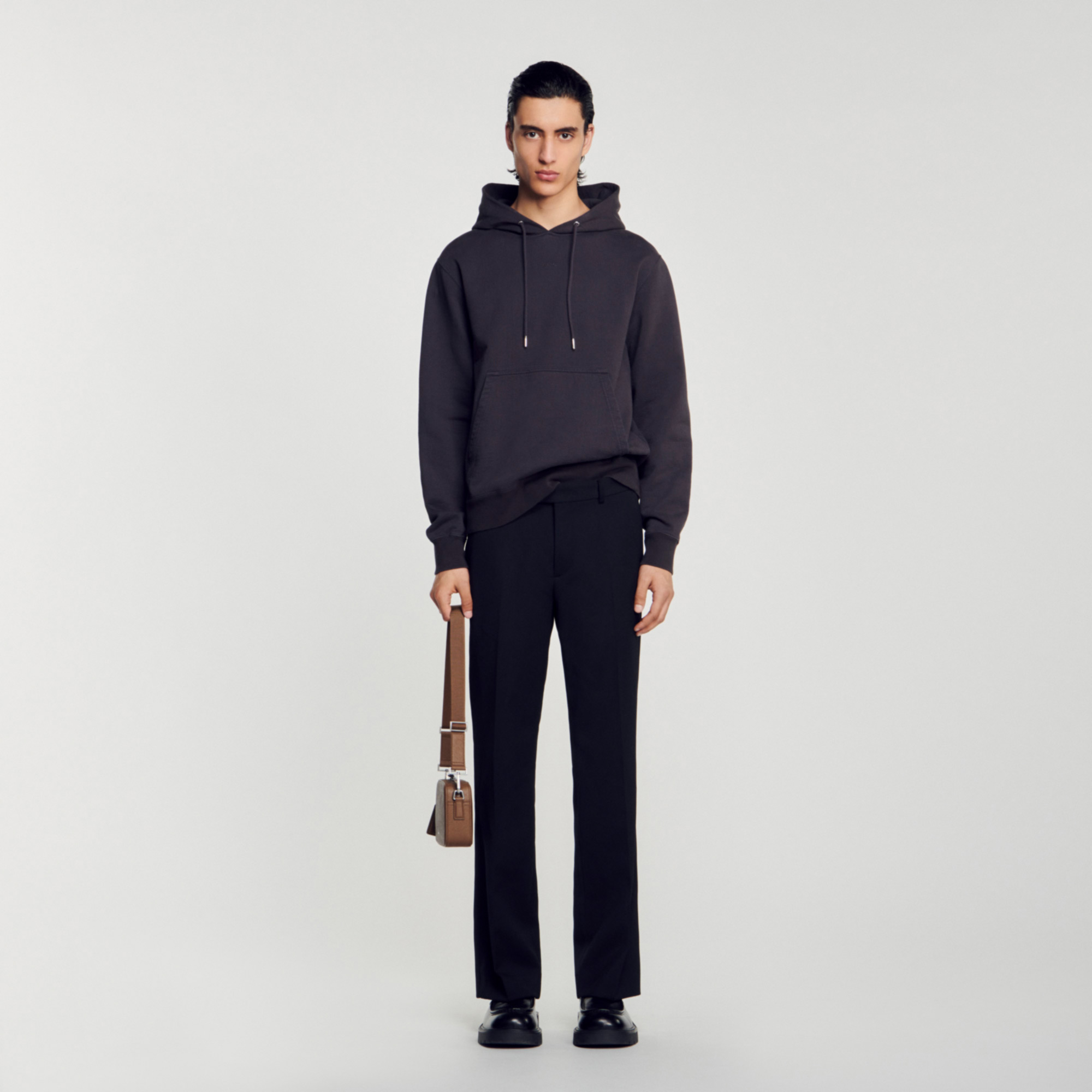 Sandro cotton Rib: Unbrushed fleece sweater with a hood, long sleeves, a front pocket, and Sandro embroidery