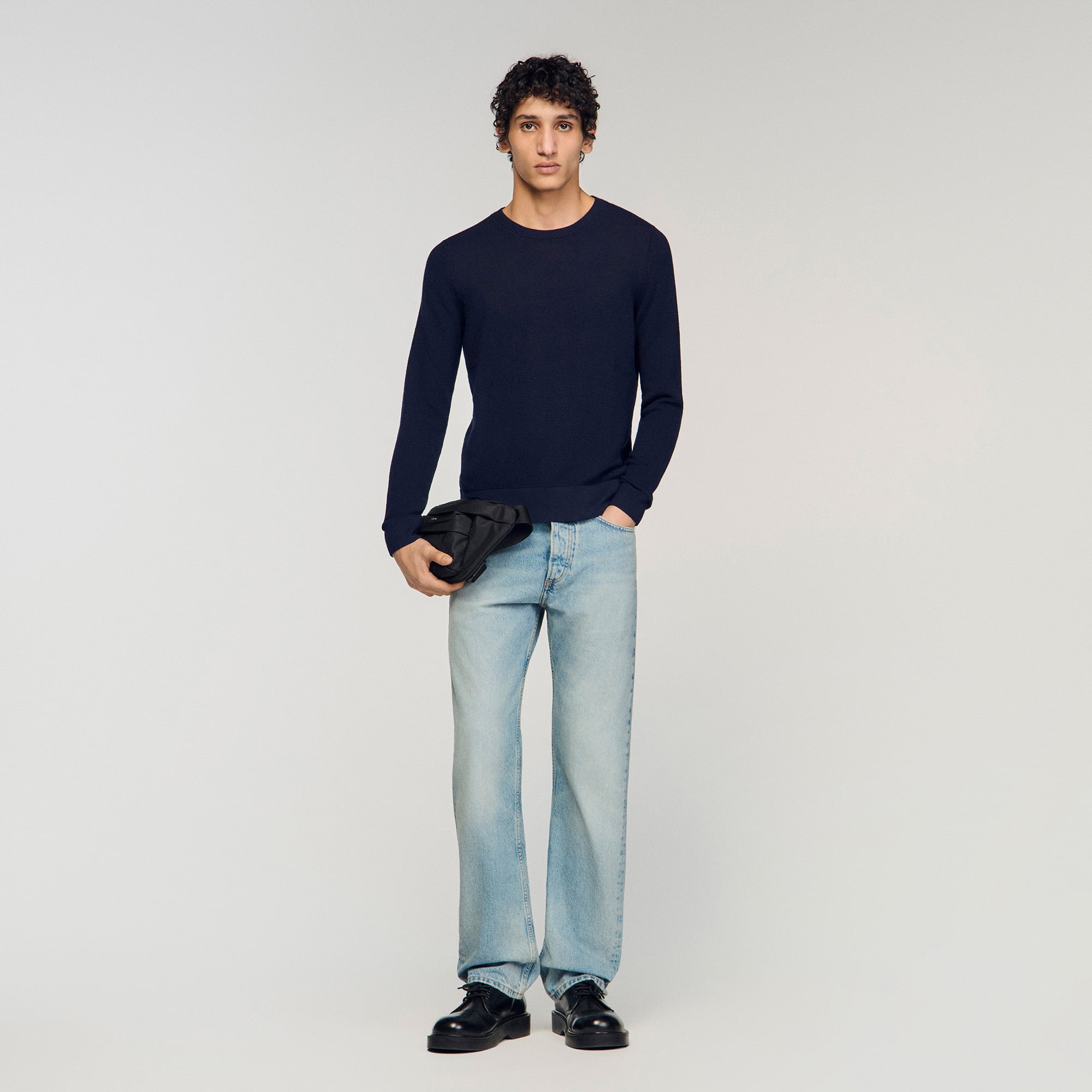 Textured knit sweater in Navy Blue for Men | Sandro Paris