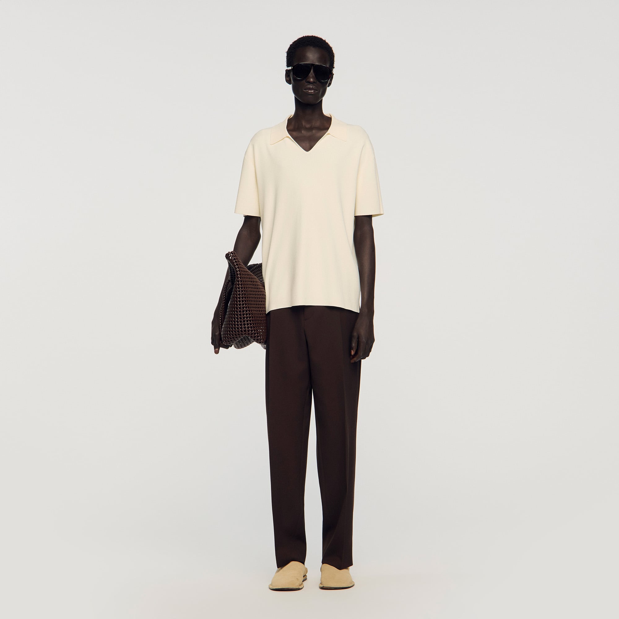 Sandro viscose V-neck, short-sleeved knit polo shirt