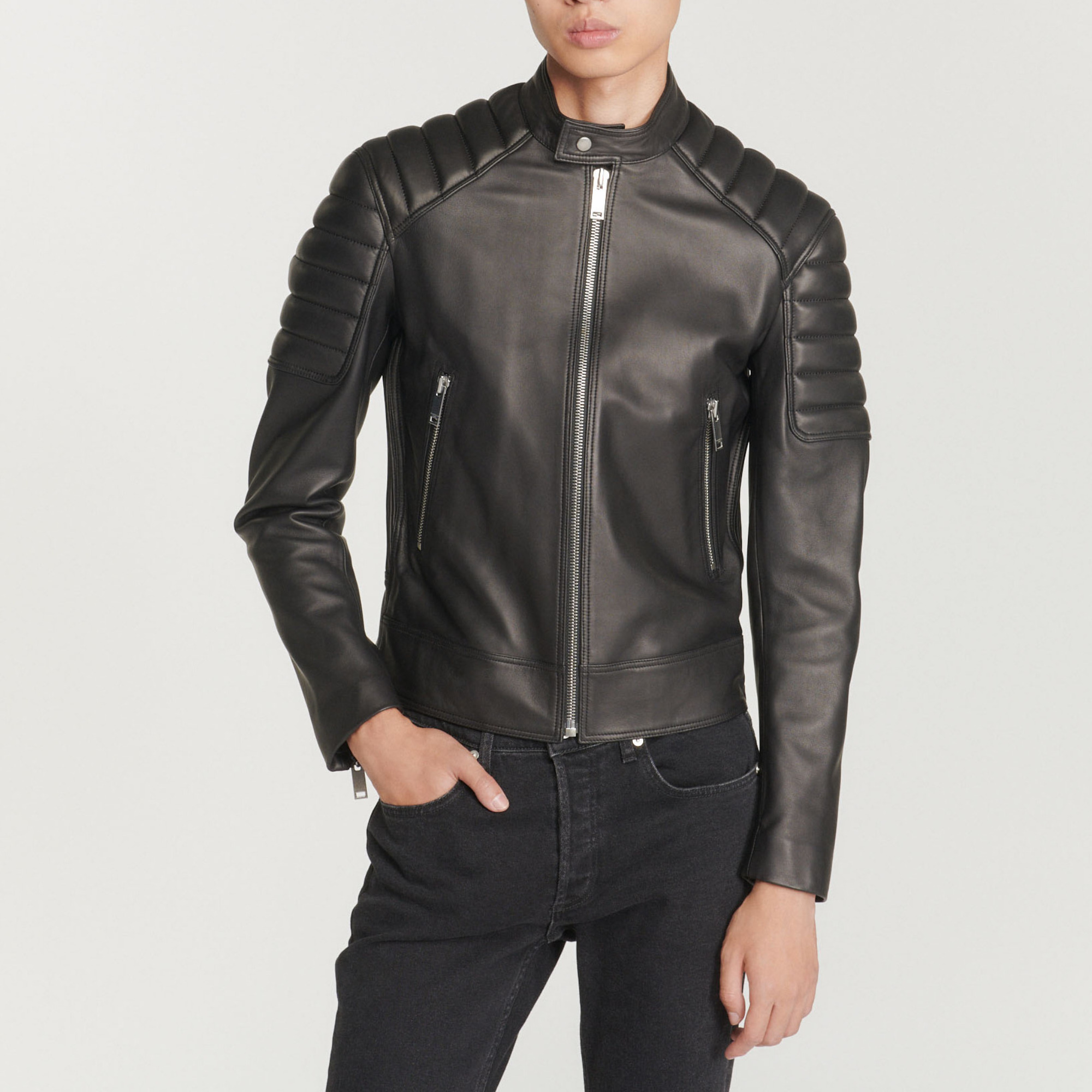 Leather jacket with quilted trims black / gray for Men | Sandro Paris