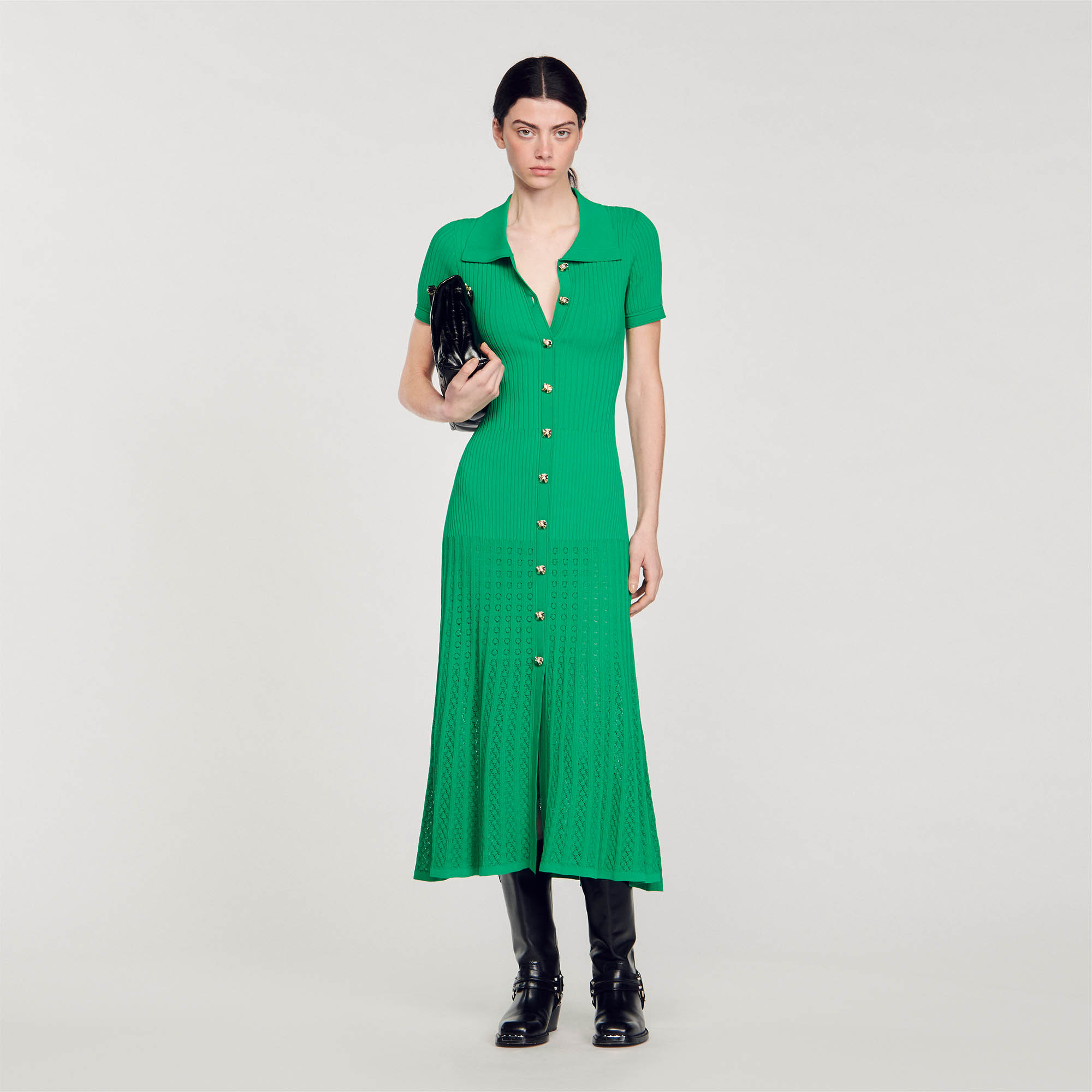 Sandro viscose Rib knit maxi dress, with slit and flared at the bottom, with a square lapel collar, short sleeves and a button fastening with decorative buttons