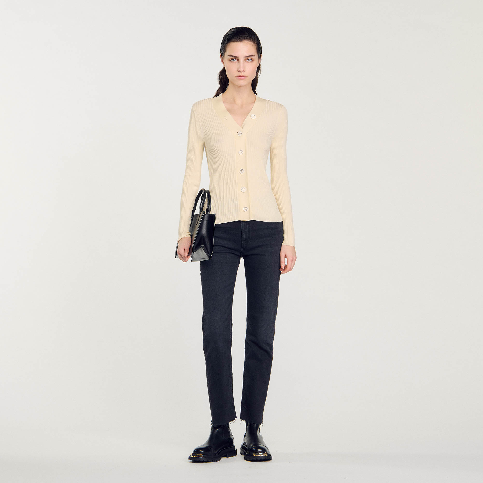 Sandro viscose Fine ribbed knit cardigan with a V-neck, long sleeves, and a button fastening